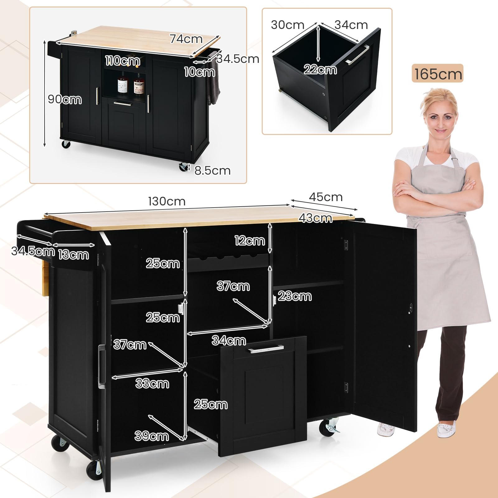GYMAX Carrello da Cucina, con 2 Armadietti, 1 Cassetto, 1 Scomparto e 1 Portabottiglie, Tavolo Isola per Servizio con 4 Ruote, Portaspezie e Portasciugamani, 130 x 74 x 90 cm (Nero)