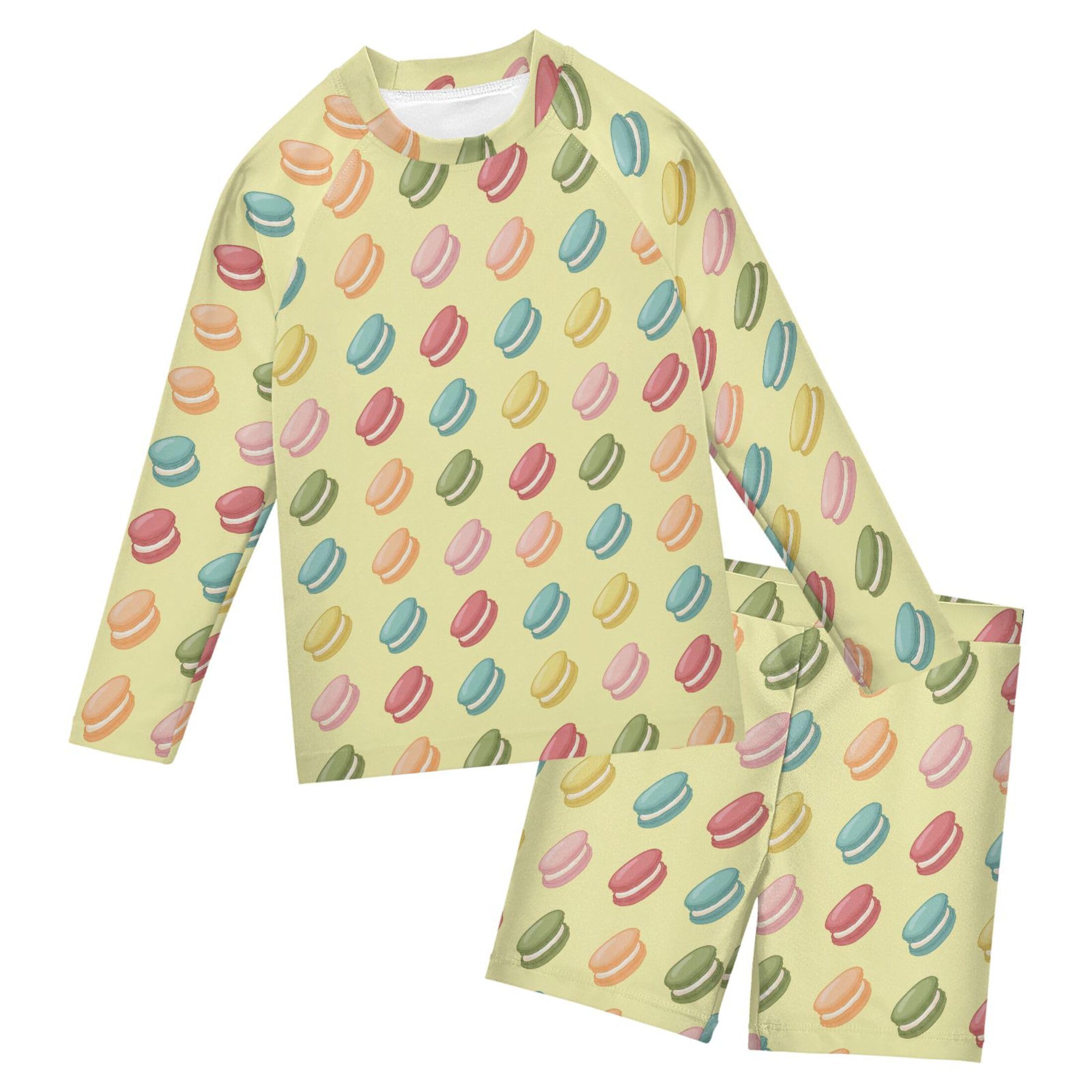 Macaron Dessert Boys Rash Guard Swimsuits Set for Boys Long Sleeve Swim Shirts Bathing Suits with Trunks B0404838