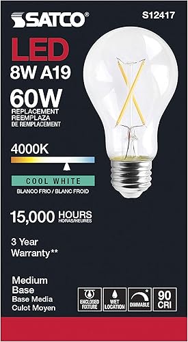 Miniatura 4 de Satco Lámparas de filamento LED regulables, S12417, lúmenes altos, 8 vatios, A19; transparente; base media; 4000 K; 90 CRI; 120 voltios para uso en