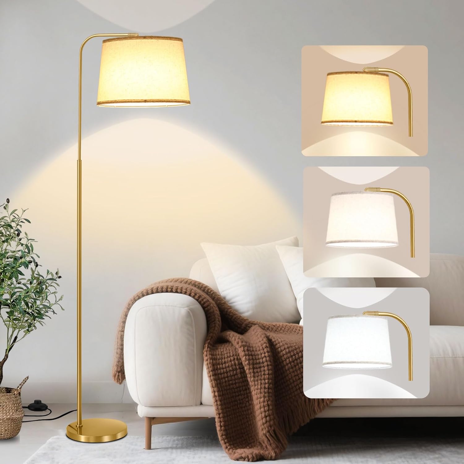 Floor Lamp for Living Room, Dimmable Modern Floor Lamps for Bedroom, Remote Control Modern Corner Standing Lamps, Nursery Industrial Adjustable Arc Tall Lamp with 9W Bulb for Office Reading Gold (With Remote)