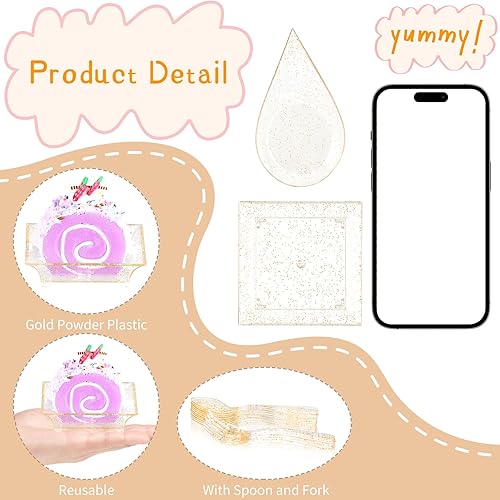Miniatura 3 de XUWAIDSGN Juego de 100 platos dorados para aperitivos, platos de postre cuadrados y lágrimas con tenedores y cucharas, bandeja para servir