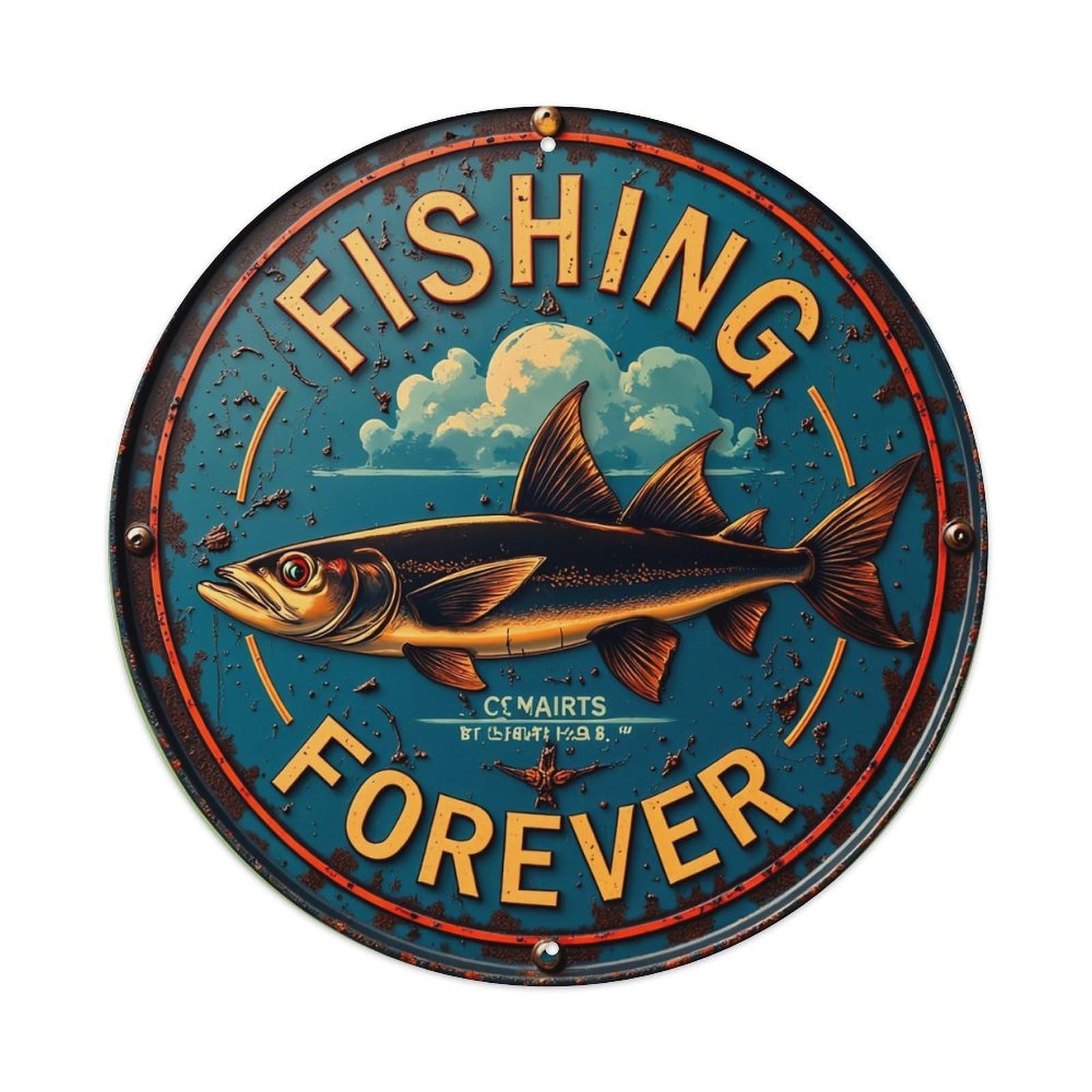 Fishing Forever Fish Sky Clouds Vintage Round Tin Sign Retro Metal Wall Decor Metal Poster, Home Bar Garage Cafe Wall Art Decoration 8x8Inches