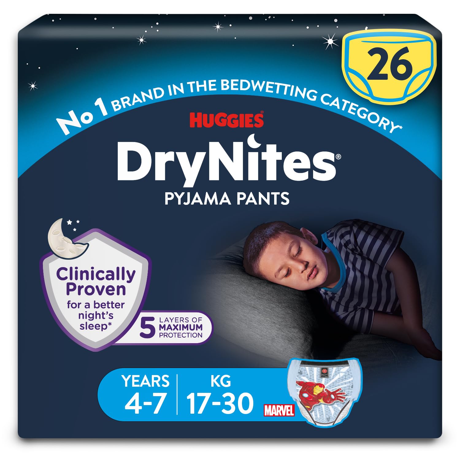 Huggies DryNites Pyjama Pants, Boys 4-7 Years (17-30KG), Up to 100% Leak Free Nights, Bedwetting Pants, 26 Count