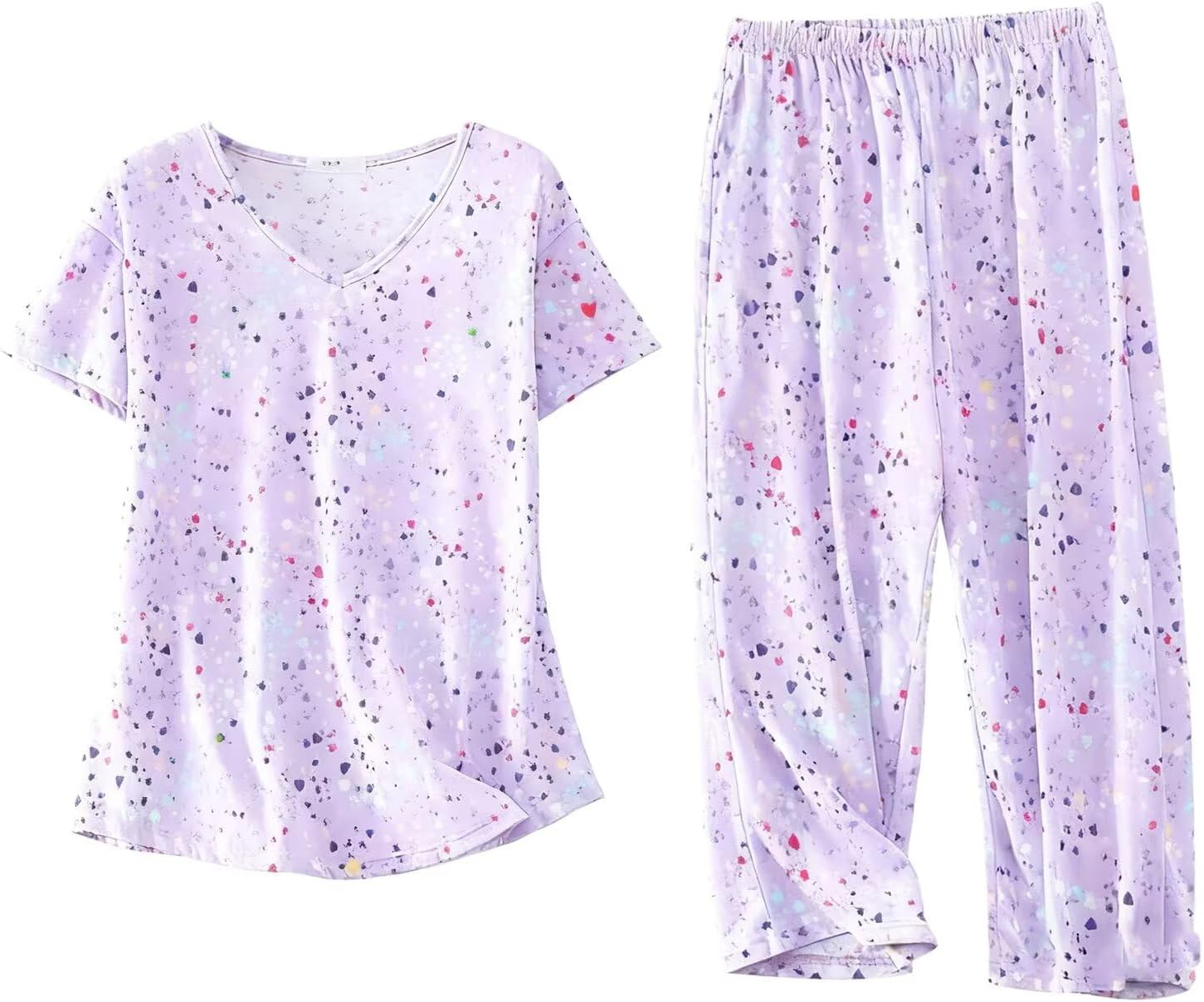 Womens Cotton Pajama Sets 2 Piece Capri Pants with Short Sleeved Pjs Set for Women Lightweight All Season Pajamas
