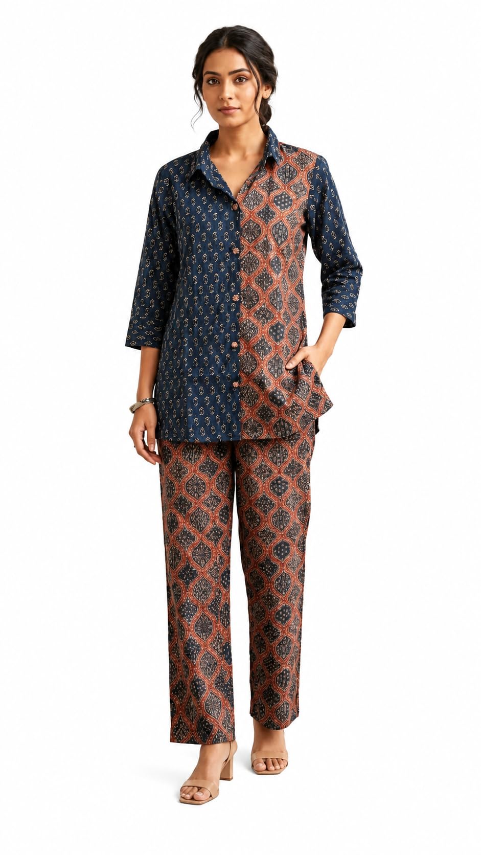 VEENORA LOOMS Women's Printed Co-Ord Set for Women | Cotton Blend Shirt & Palazzo Pants Set | Full Sleeve Collared Button-Down Top with Wide Leg Trousers | Ethnic Casual Co Ord Outfit, Rust Brown - M-picture-47