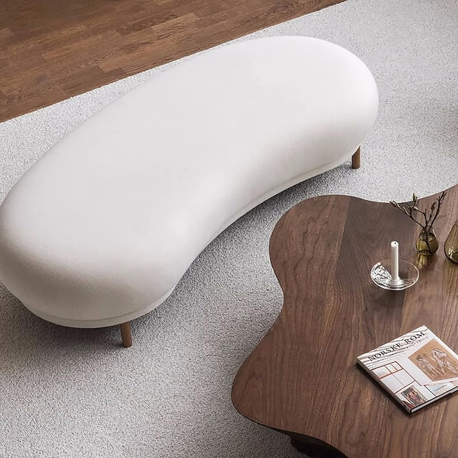 Banc ottoman, demi-table basse incurvée moderne, banc d'entrée rembourré en boucle, banc d'entrée pour salon, couloir, canapé, tabouret, repose-pieds, blanc
