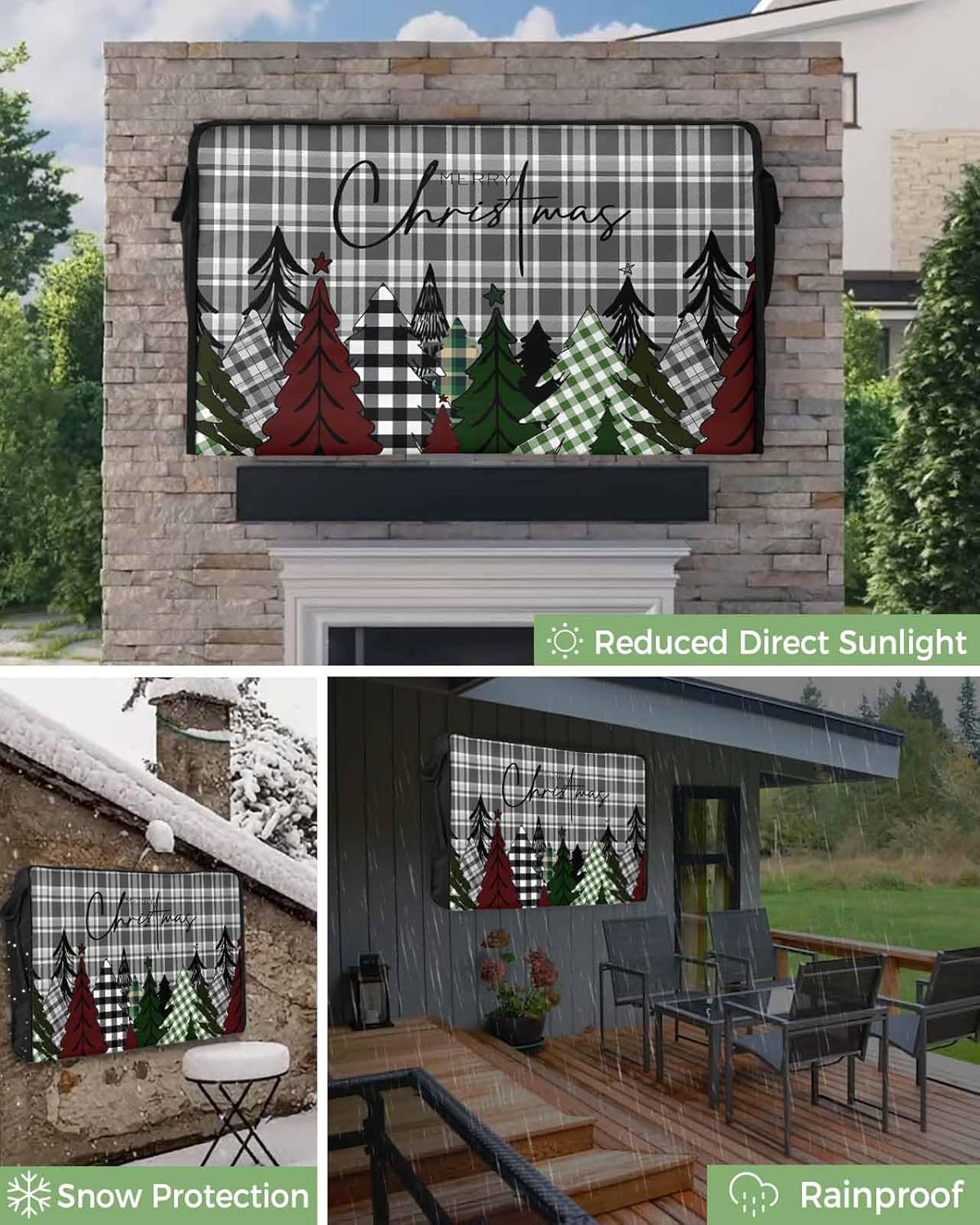 Christmas Tree Outdoor TV Cover 36"-39" - 600D Waterproof TV Cover Weatherproof TV Screen Protector Dustproof Winter Xmas Black Gray Check Plaid TV Display Protector for Outside Flat Screen TV
