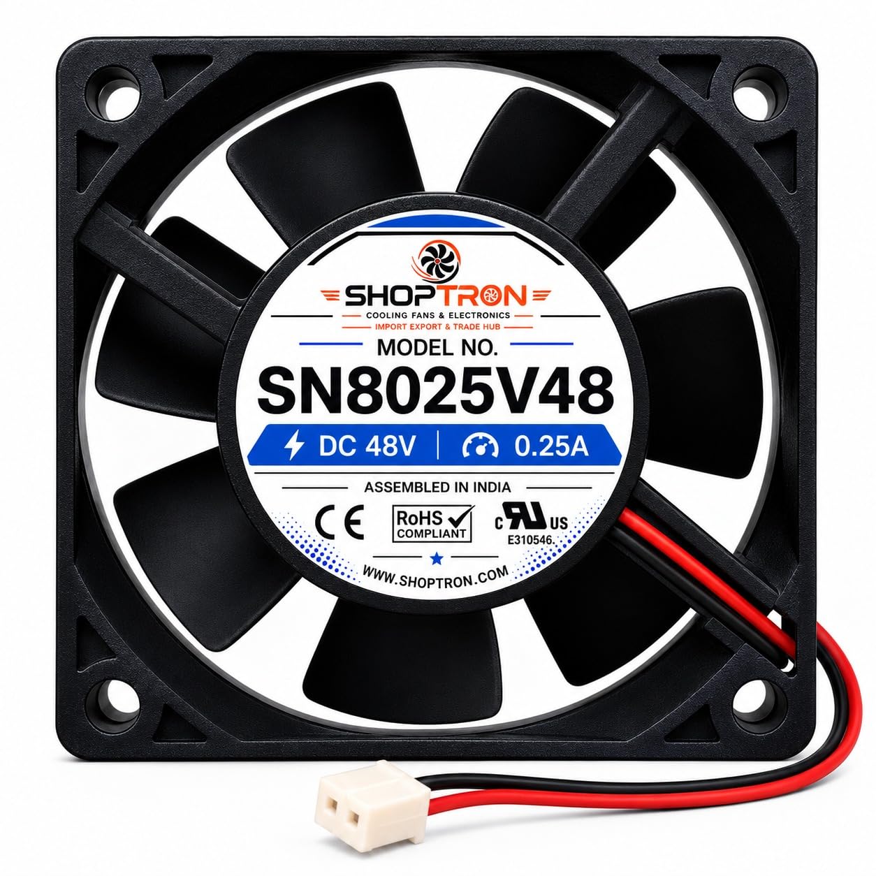 Shoptron SN8025 48VDC Cooling Fan, 80x80x25mm, 48V 0.25A PACK OF 2 | 2-Wire Connector, RoHS Compliant, CE Certified, UL Listed, Assembled in India-image-3