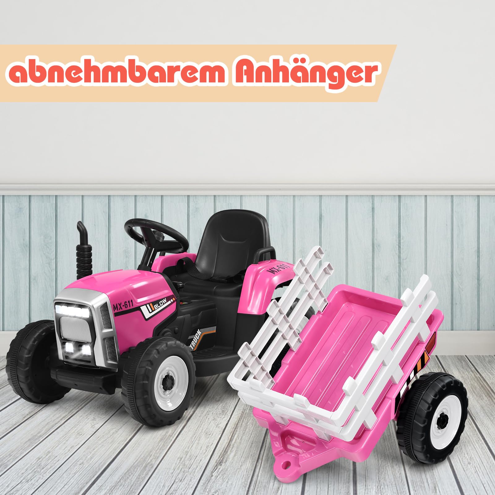 GOPLUS Elektryczny traktor dla dzieci 12 V z przyczepą, 3-biegowy pojazd elektryczny z pilotem zdalnego sterowania, samochód elektryczny z oświetleniem LED, muzyką i Bluetooth, obciążenie 30 kg, od 3