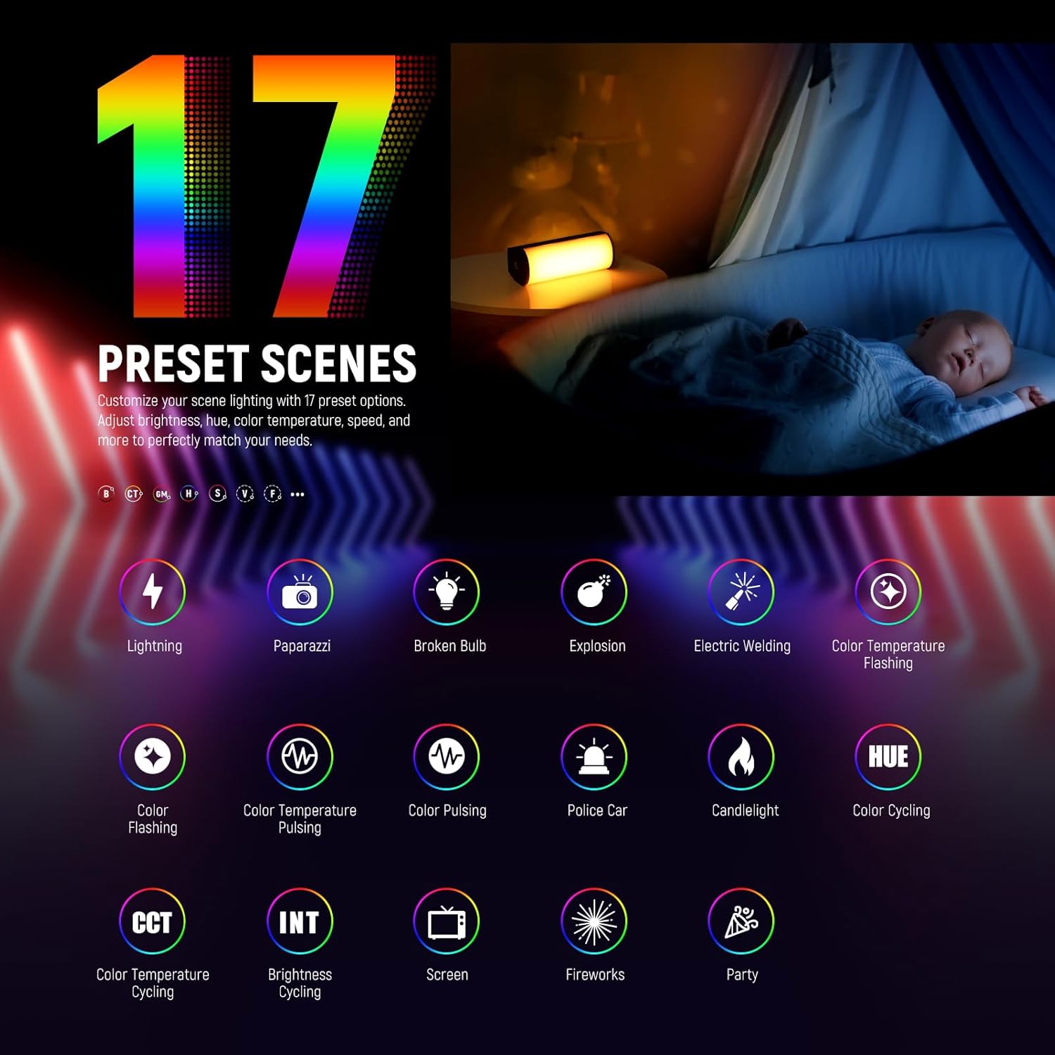 NEEWER app showing 17 preset lighting scenes