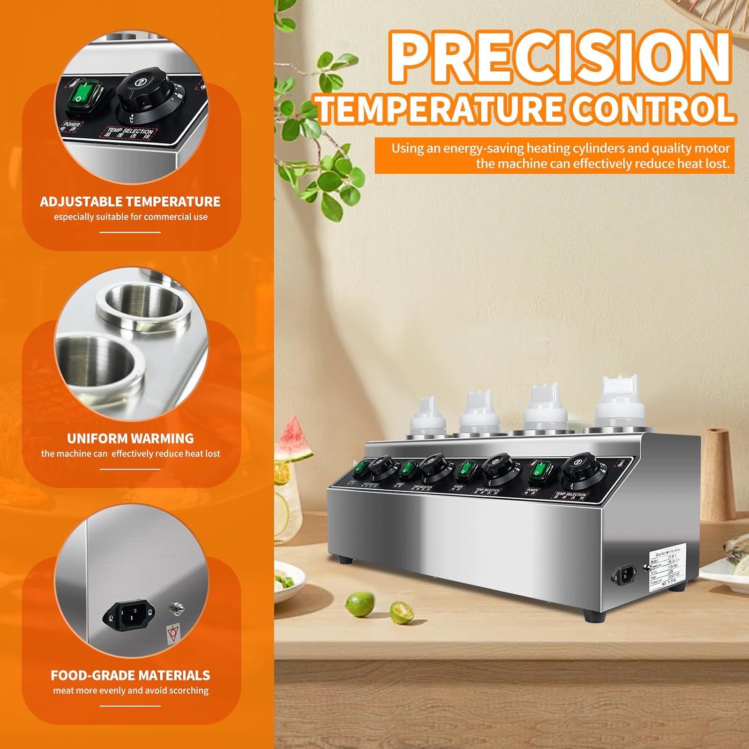 Commercial Electric Cheese Sauce Warmer Dispenser,0.68x4 Qt Hot Chocolate Nacho Cheese 86-185℉ Heater Hot Fudge with Bottles Adjustable