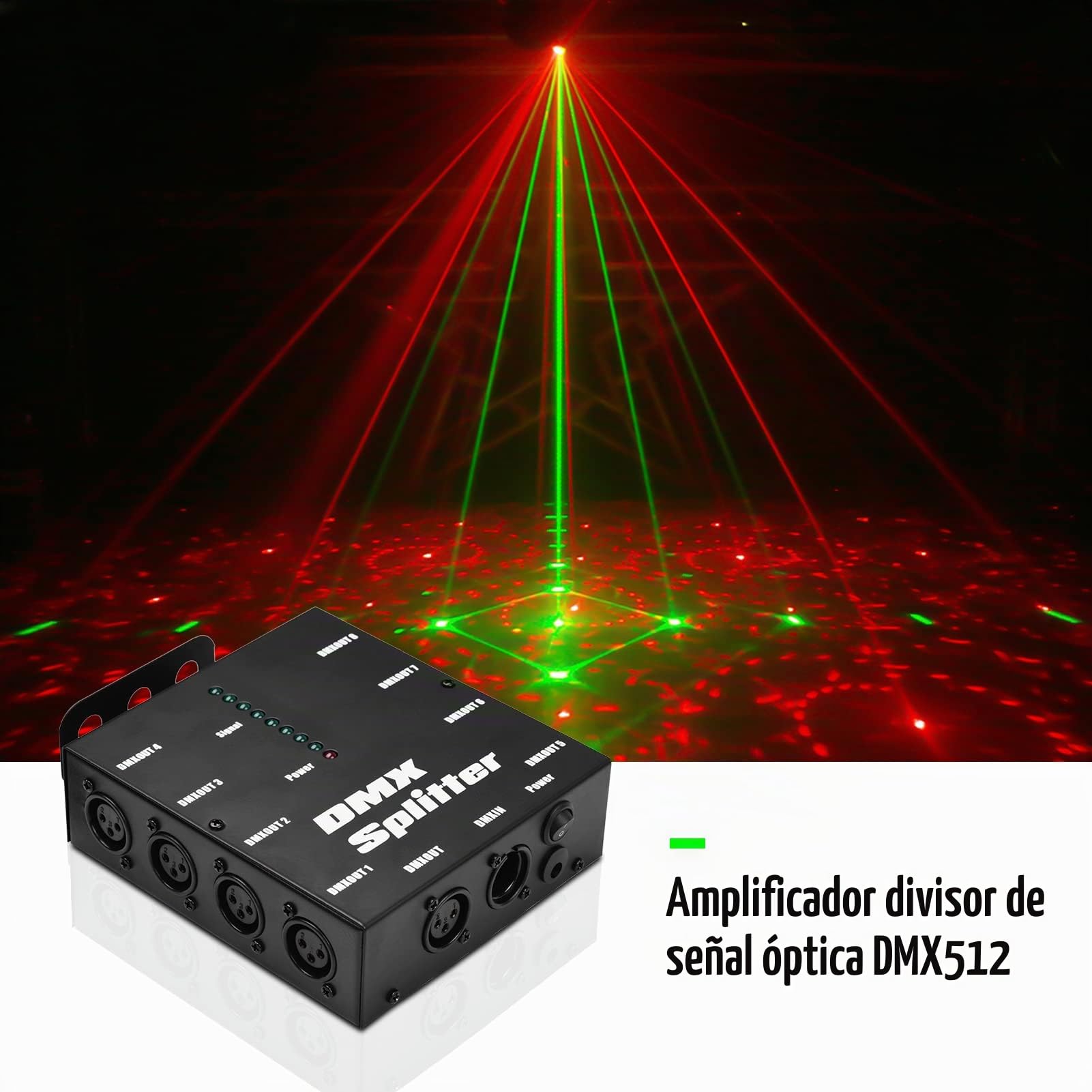 Splitter DMX,HUIOP DMX512 Amplificador de señal óptica Spliter Distribuidor 1 Entrada y salida directas 8 salidas independientes para controlador de luces Consola de escenario Fiesta DJ Club Disco KTV