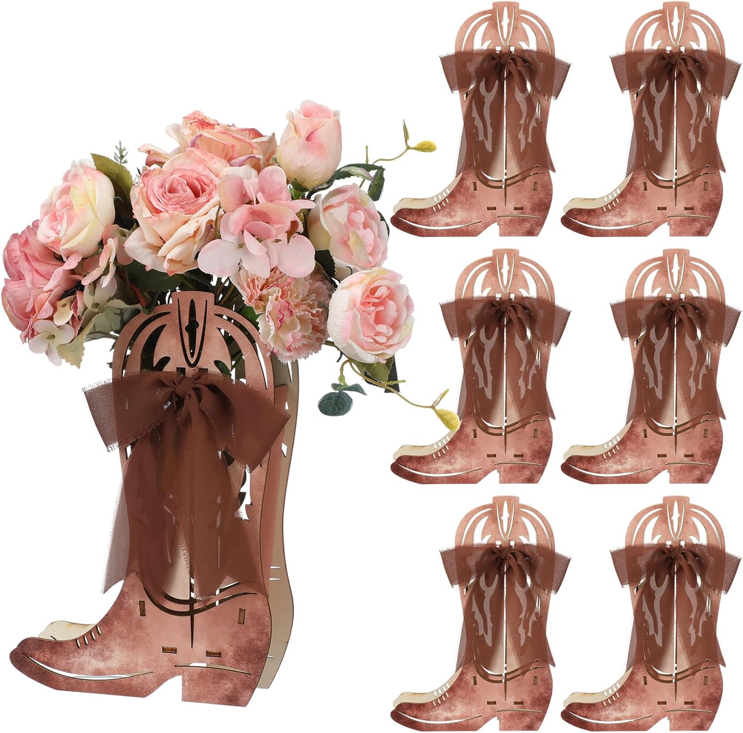 Amyhill 12 Pcs Western Cowgirl Boots Flower Boxes Centerpiece Boot Shape Wood Boxes Decor Western Theme Party Cowgirl Favors Tabletop for Cowboy Birthday Party Baby Shower Wedding Supplies (Pink)