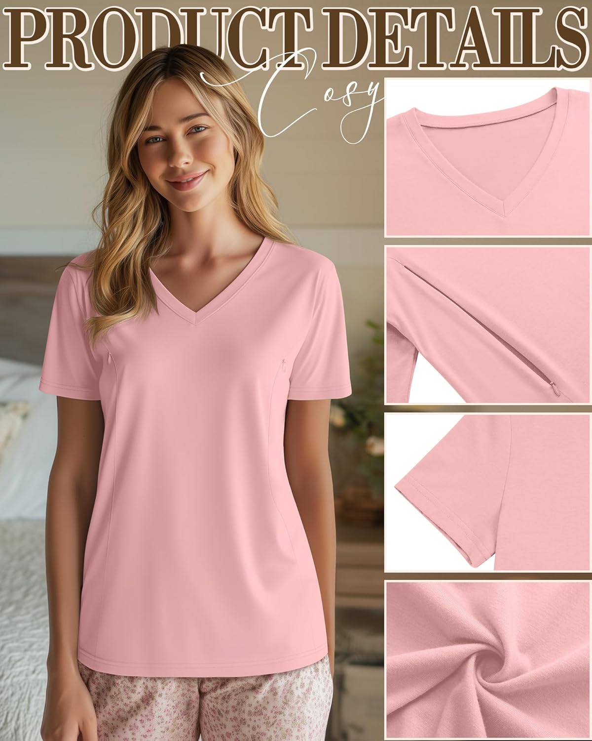 4 Pack Women's Nursing Shirts for Breastfeeding with Hidden Zipper V Neck Short Sleeve Loose Fit Maternity Tops - Image 6