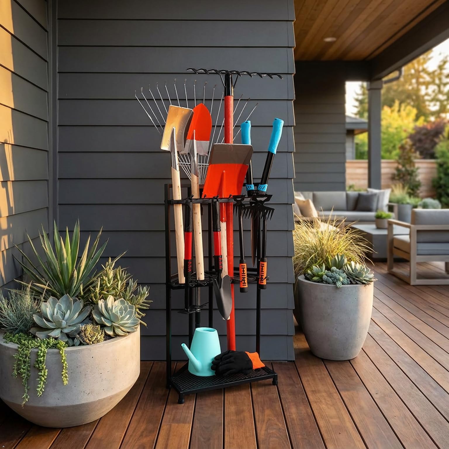 Organizzatore per attrezzi da giardino pesanti | Scaffale angolare – Acciaio verniciato a polvere di alta qualità nero opaco | Ideale per capannoni, garage, terrazza esterna