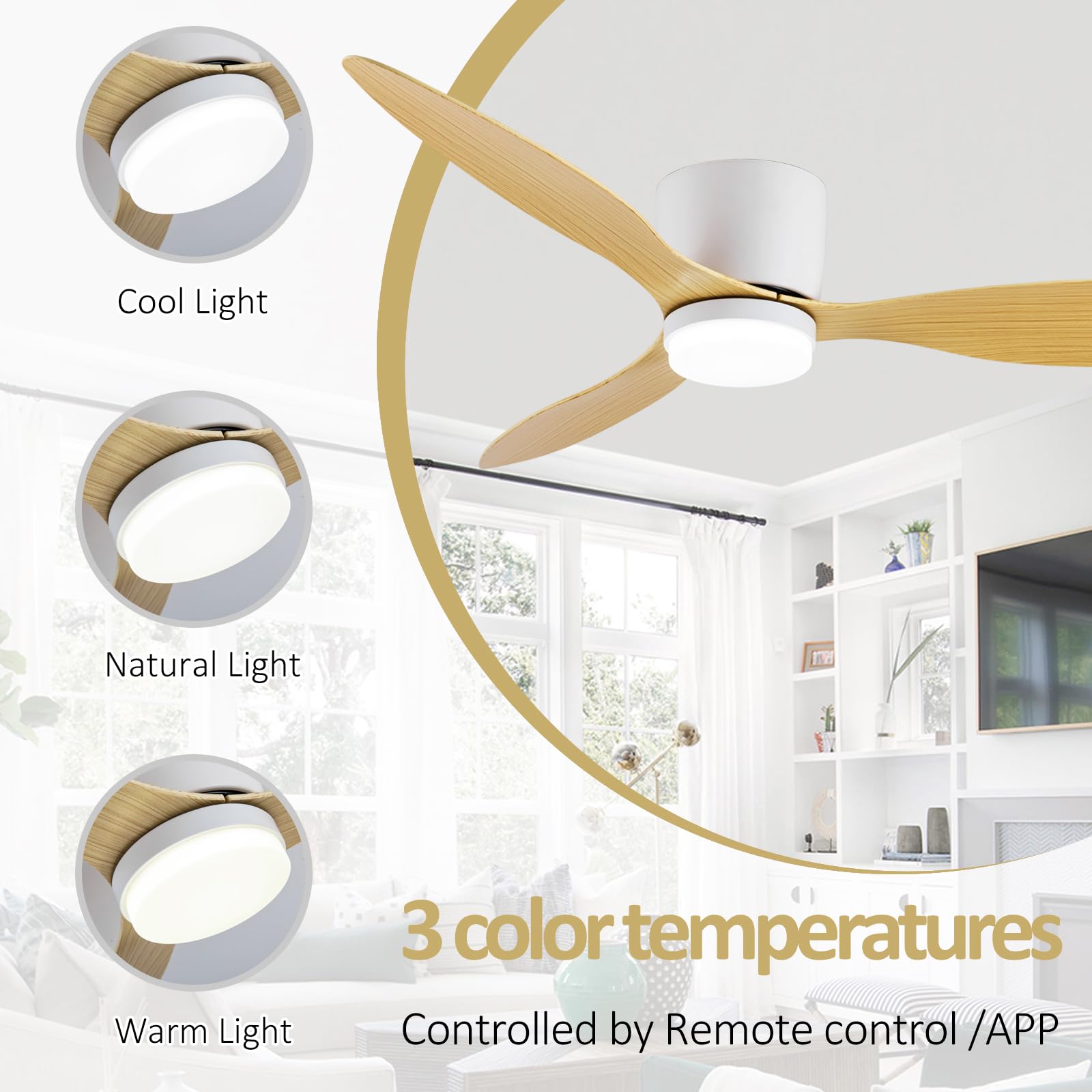 Ventilatori a soffitto con luci e Telecomando - Ventole silenziose a 6 velocità Interne con Timer, 3 CCT selezionabili, Motore DC Reversibile, Grano di Legno, 3 Lame per Soggiorno