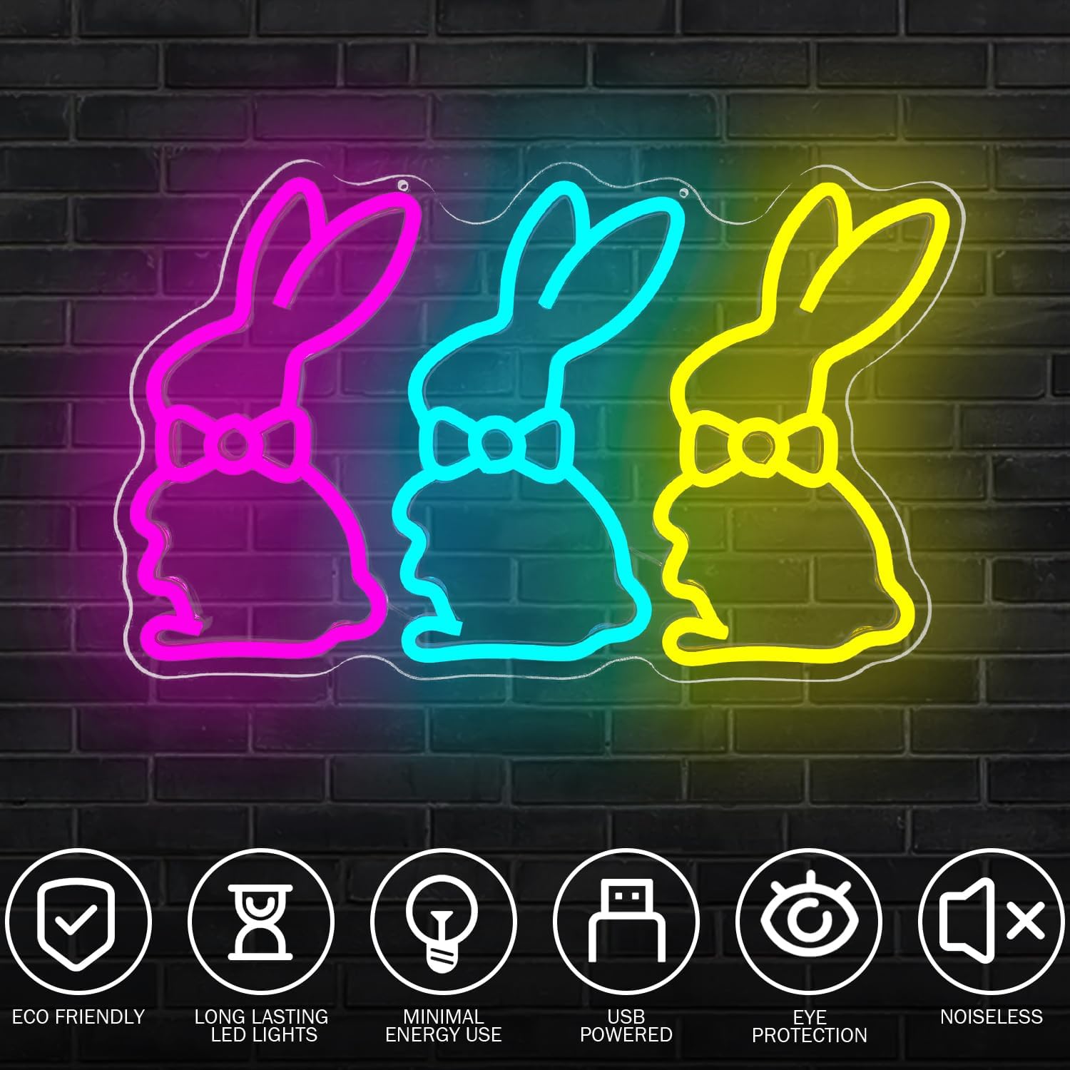 Easter Neon Sign Bunny Neon Light for Bedroom Home Three Rabbits Neon Window Lights Bunny LED Signs Easter Decor for Wall Cute Bow Rabbits Tabletop Decorations for Party