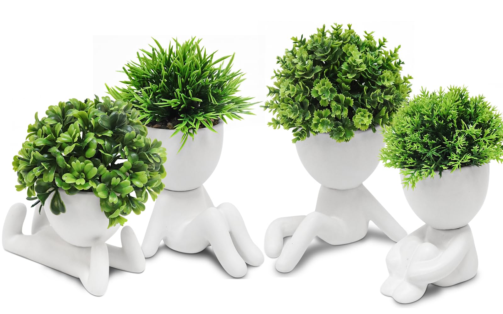 MAKHOT 4 Packs Creative Fake Plants Artificial Succulents Plants in Ceramic Human Shaped Pots, Cute Faux Succulents Mini Plant for Room Bathroom Home Office Desk Accessories Decor(White)