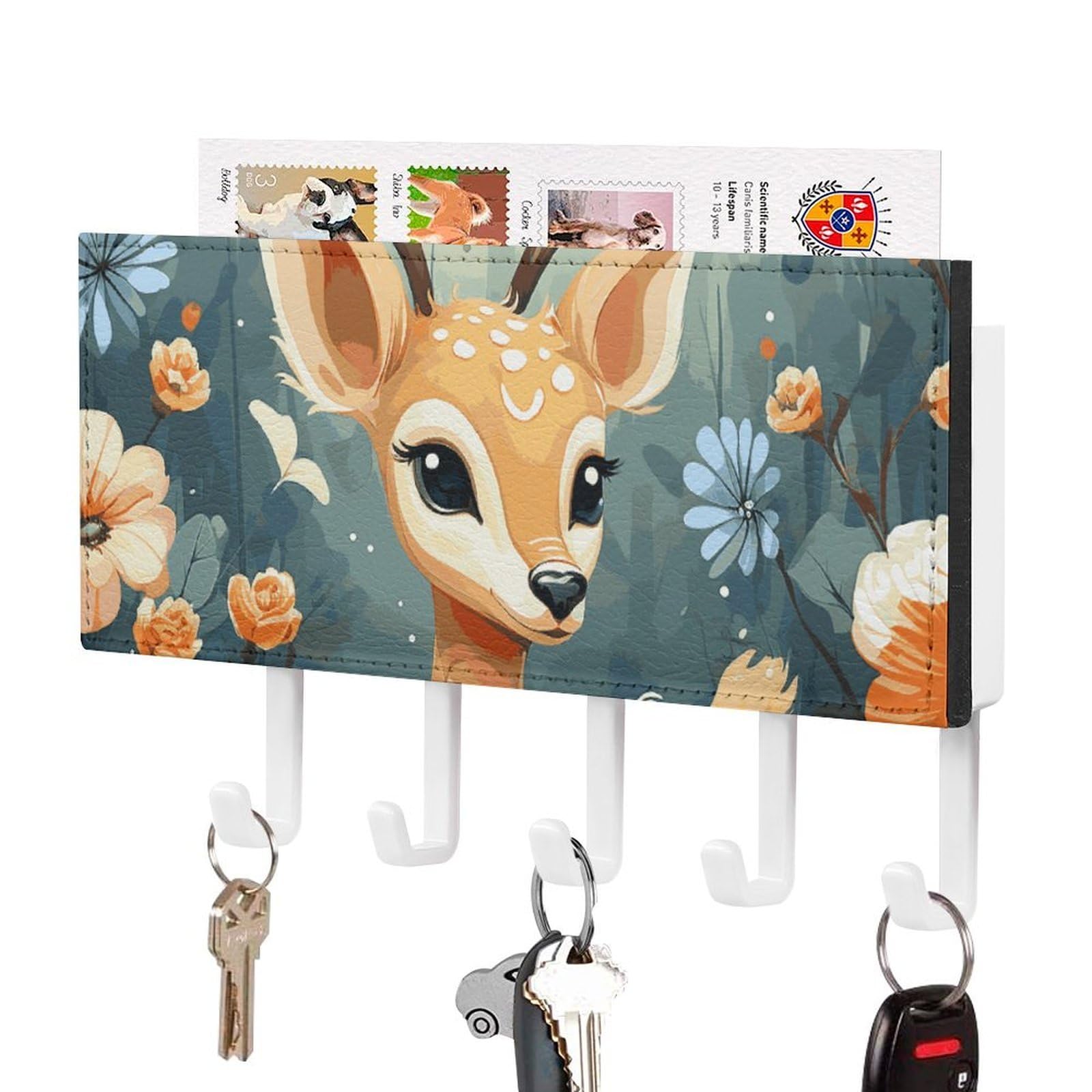 JTREHY - Cartoon Deer Key and Mail Holder with 5 Key Hooks, Easy to Install Mail Organizer for Entryway, Front Door, Hallway, Office