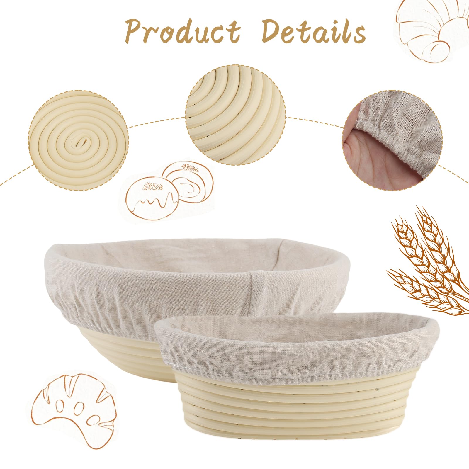 Cestino Lievitazione Pane 2 Pezzi Cestino Pane in Rattan Naturale Con Impastatrice Fodera di Lino Raschietto per Impasto di Pane Pizza e Pasticceria (Rotondo da 23 cm e Ovale da 21 cm)