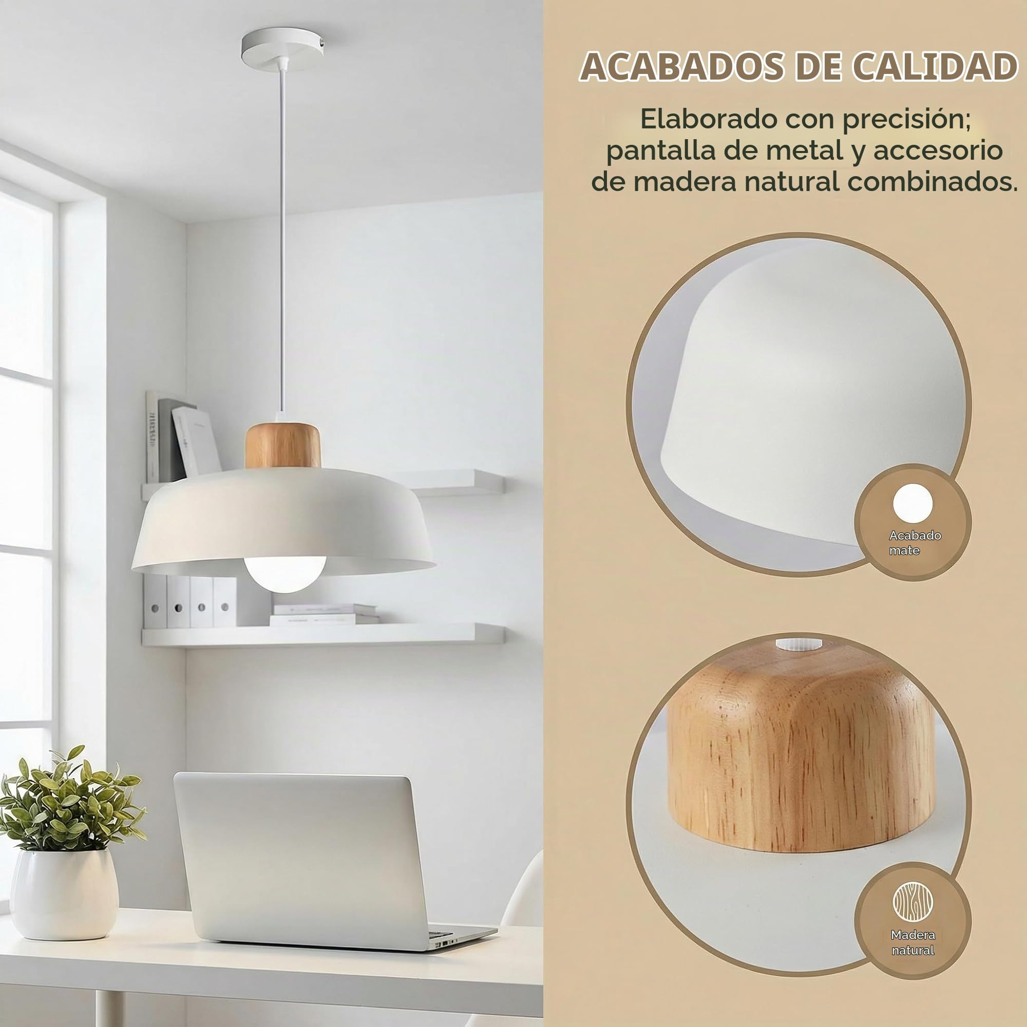 Lámpara Colgante con Redondo Pantalla de Hierro 30cm y Acabado de Madera en Color Macaron​​, ​​Grande Luz Colgante Moderna E27 ​​Para Salón, Cocina y Comedor​ (Blanco)