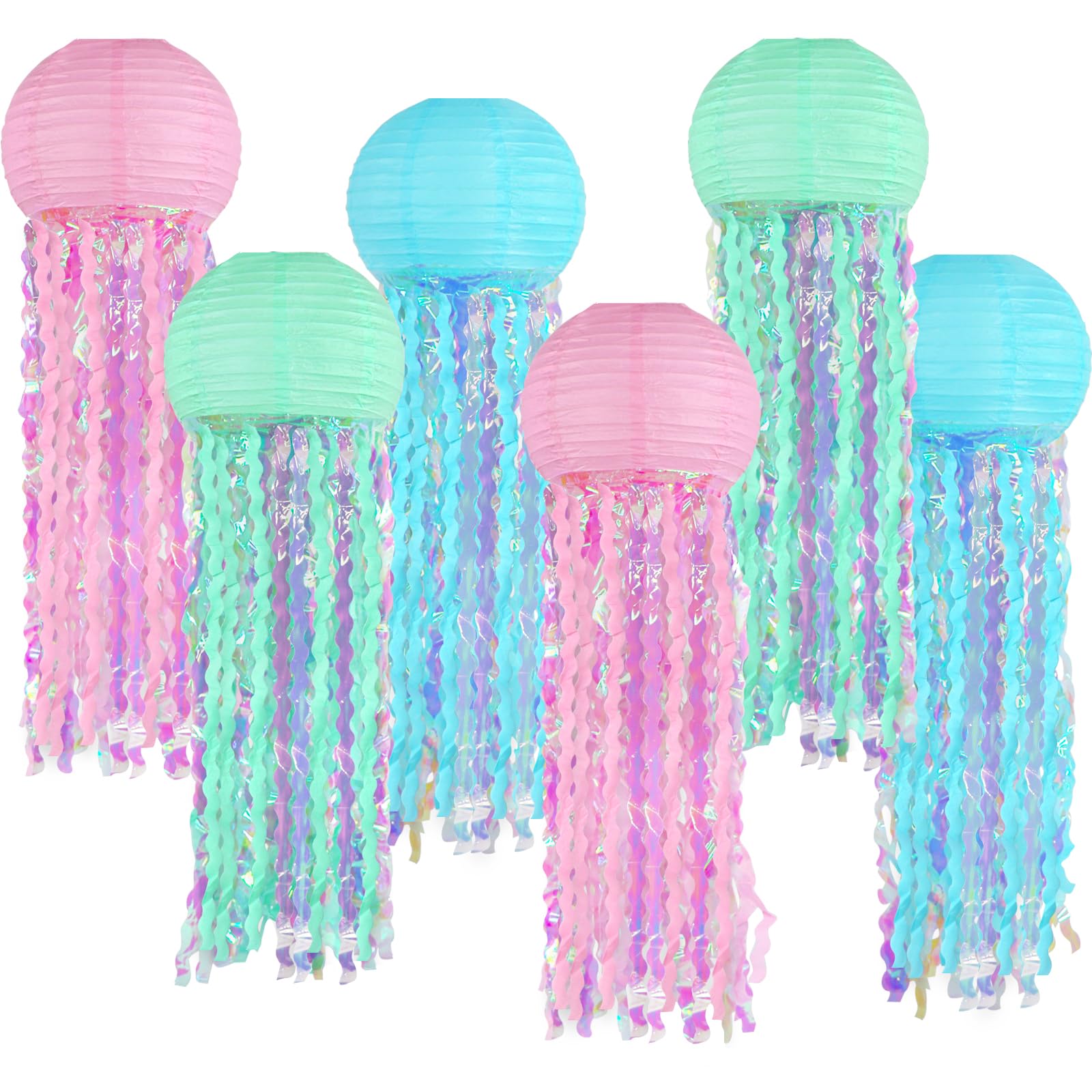 MEIWUITE Jellyfish Paper Lanterns,Pink Blue Green Hanging Lantern for Under The Sea Party Decorations, Mermaid, Ocean Themed Birthday Party Decorations, Set of 6