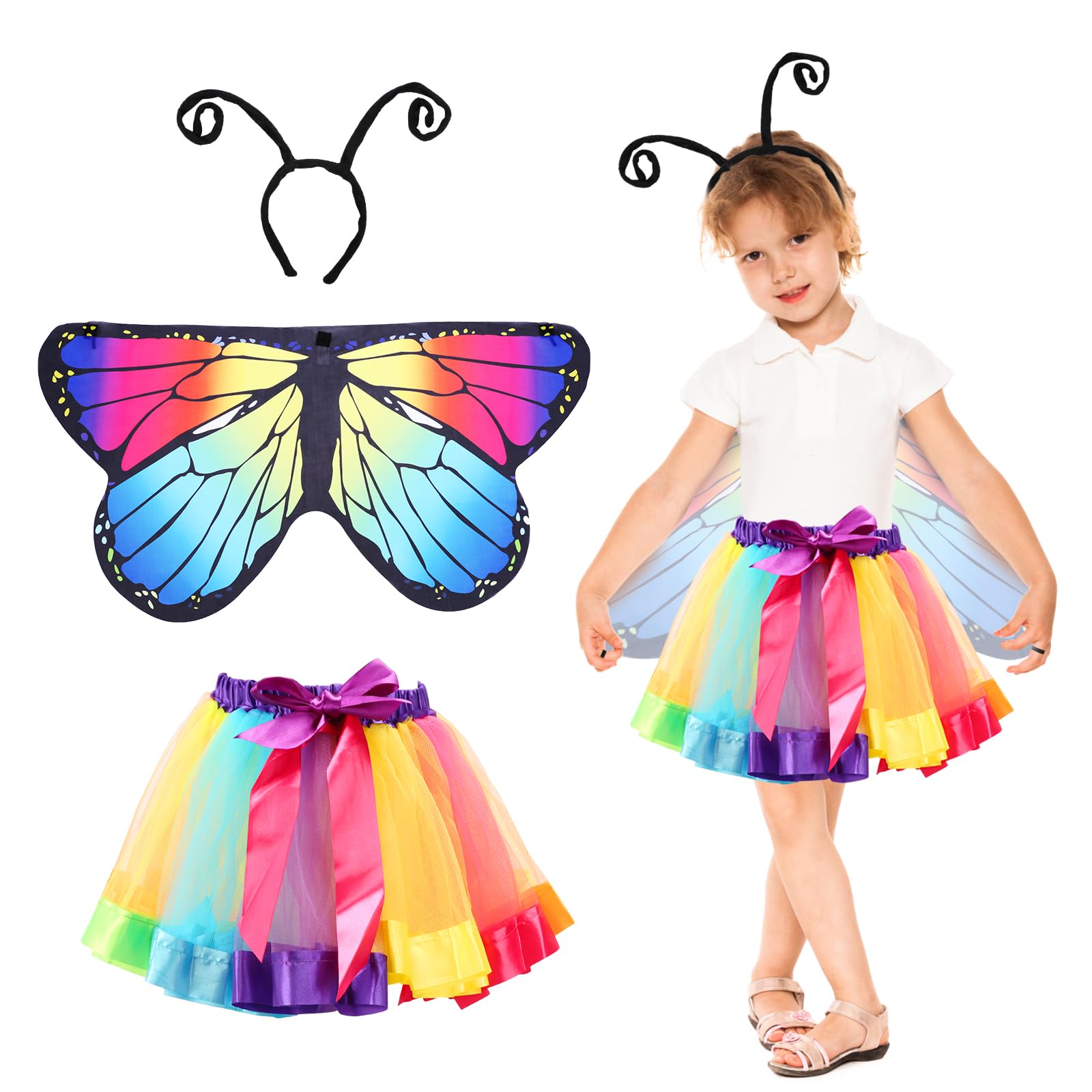 Honmok Girls 3 Piece Butterfly Wings 3 Pcs Kids Butterfly Wings Costume, Butterfly Outfit With Butterfly Cape Wings & Magic Wand Headband & Tutu Skirt, Fairy Fancy Dress Costume For 3-10Y Carnival World Book Day