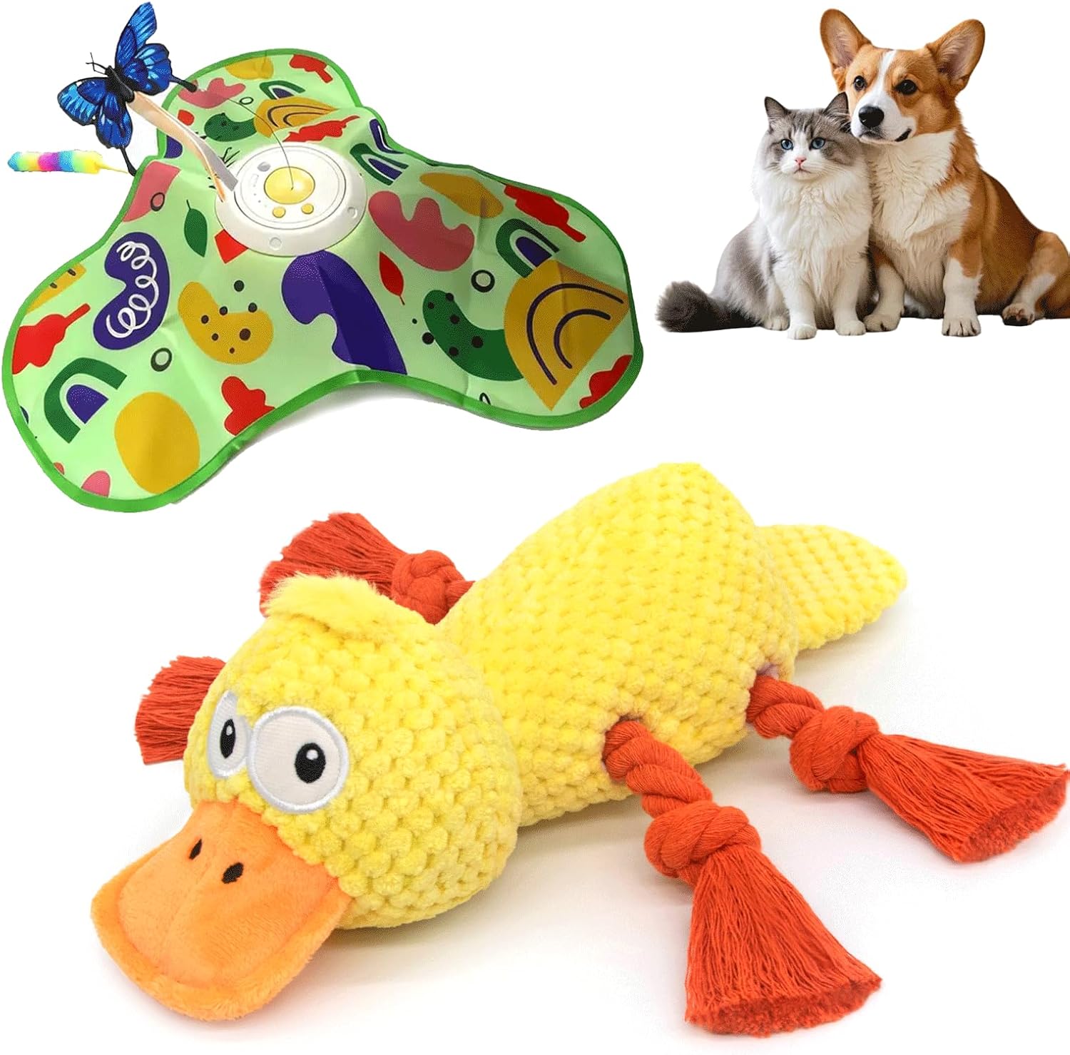 Squeaky Toys, Interactive Dog Toy, Interactive Cat Toy for Indoor Cats, Rechargeable Touch Activated Kitten Toy with Dual Motion Butterfly & Feather Tail