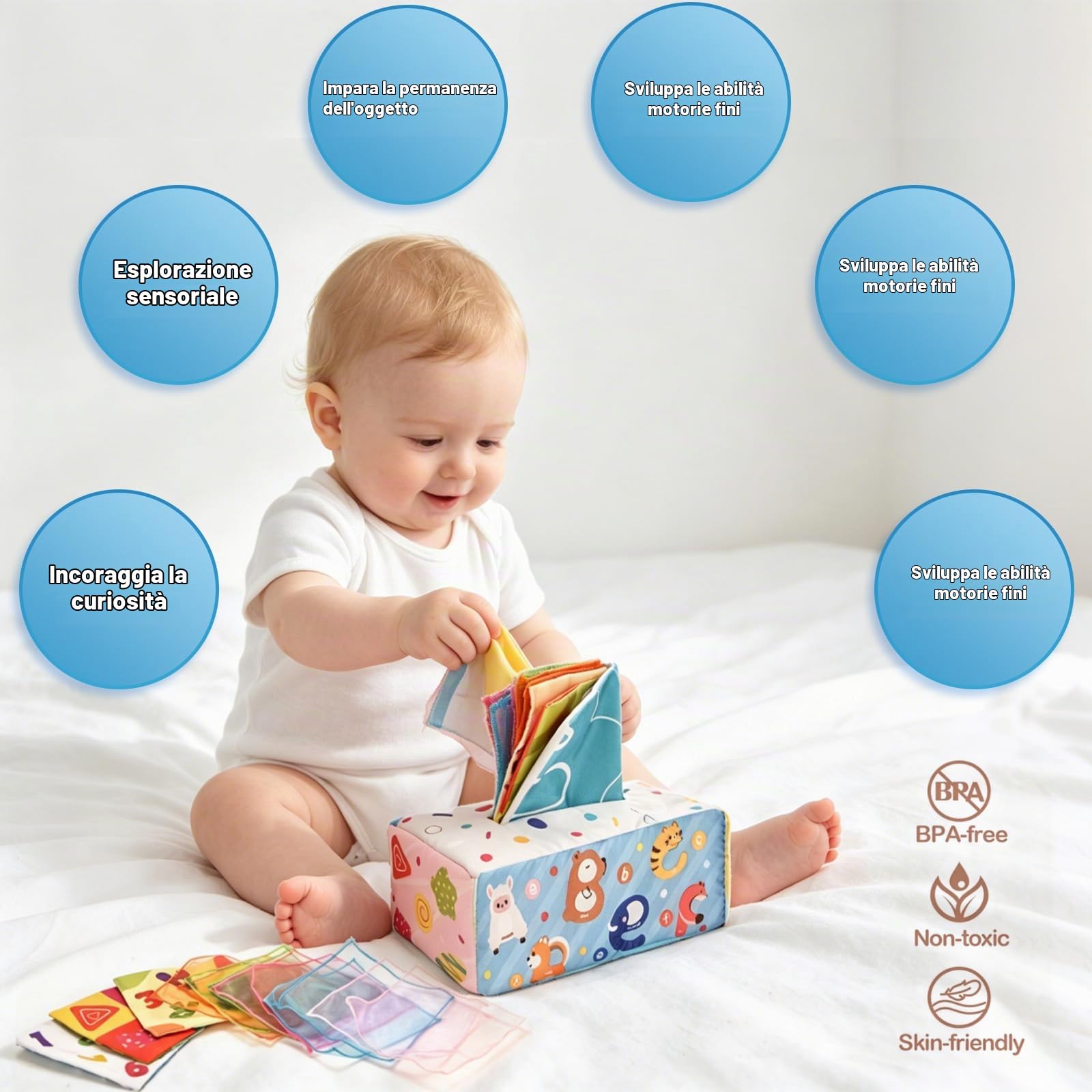 Montessori Giocattolo per bambini per mesi, giocattolo 6 in 1 per abilità motorie a partire dai mesi, sviluppo di blocchi sensoriali impilabili, scatola di fazzoletti, giocattolo educativo