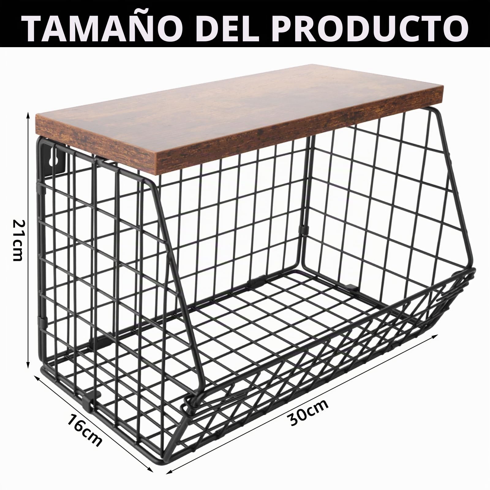 2 Unidades Fruteros de Cocina Frutero 2 Pisos fruteros de cocina modernos de Hierro y Madera para Cocina y Comedor Cesta de Almacenamiento Multiusos 30 x 21 x 16 cm
