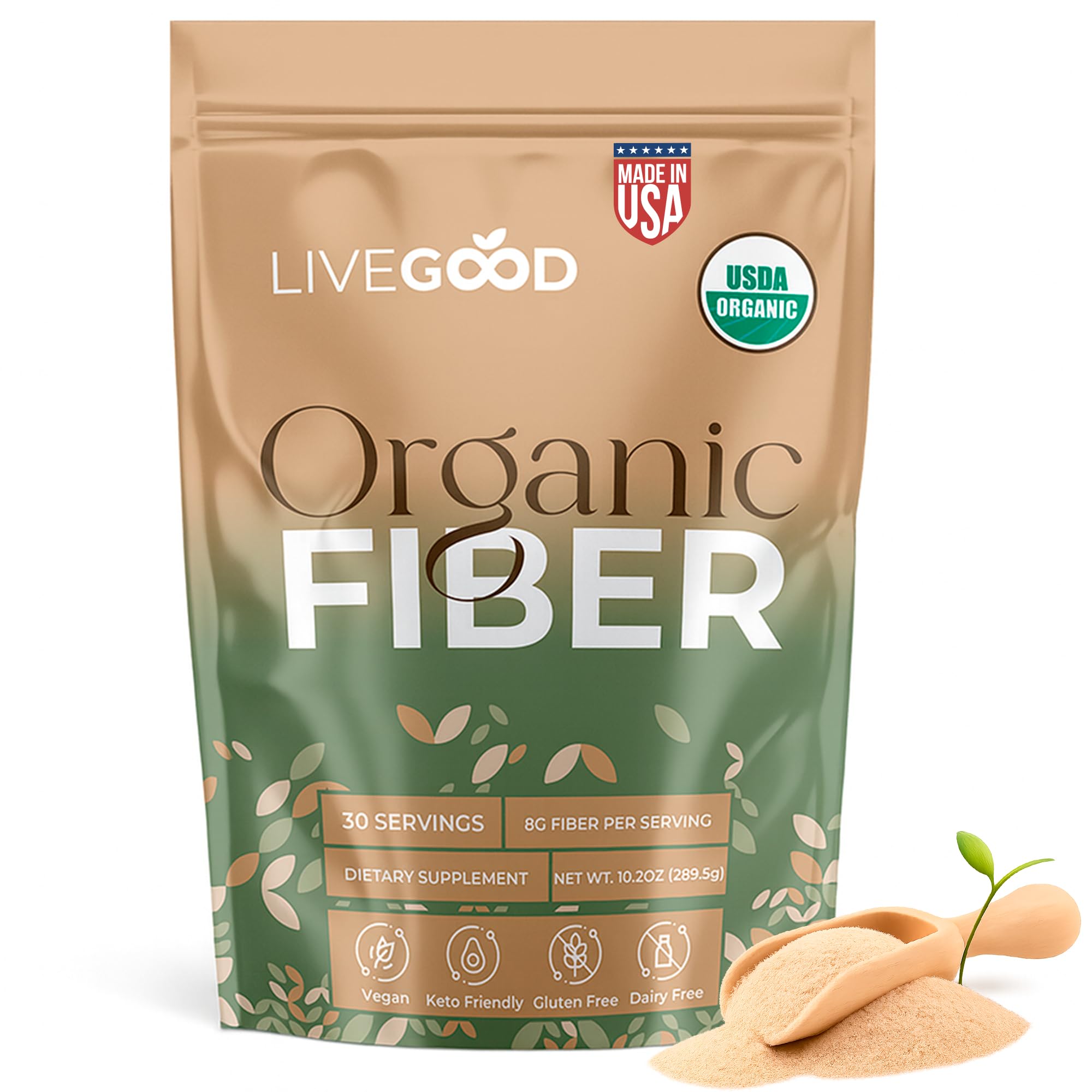 LIVEGOOD Organic Fiber Powder with Agave Inulin, Psyllium Husk, Pea Fiber, 10 Plant-Based Sources for Digestion Detox, Gut Support and Daily Wellness,