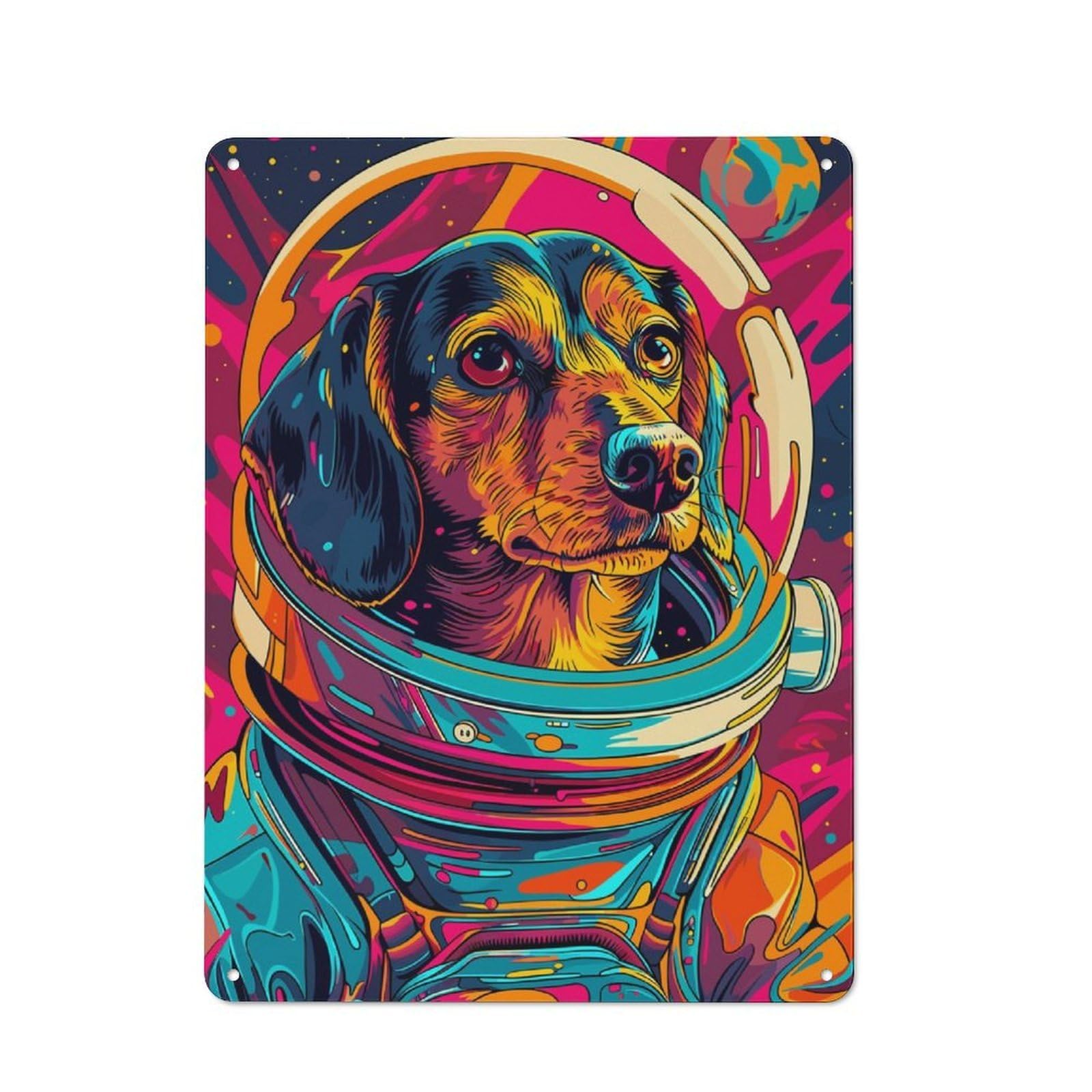 Junmoney Astronaut Space Dachshund For Café Or Restaurant, Vintage Tin Wall Plaque 40X30cm, New Home Wall Decor For Café Owners And Decorators