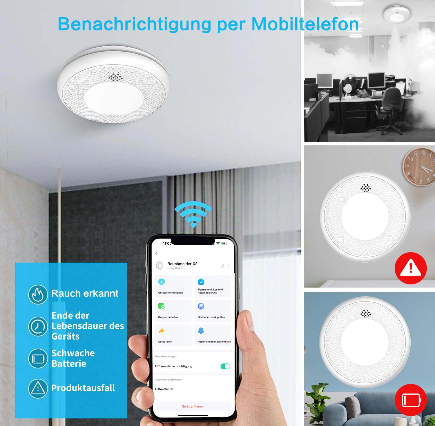 Safeliveo Rauchmelder WLAN 10 Jahre Batterie mit App Benachrichtigung, Stummschaltung und Selbsttest Funktion ，Entspricht DIN EN 14604(Kompatibel mit Tuya/Smart Life APP)-5 Stück