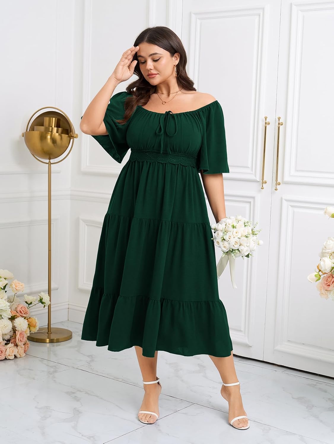 SCOMCHIC Women's Plus Size Summer Dresses Square Neck Short Sleeve A Line Wedding Guest Cocktail Boho Flowy Maxi Dress - Image 3