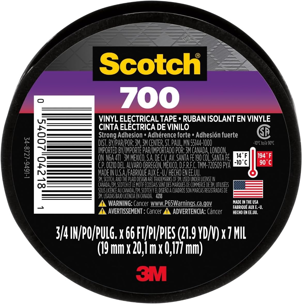 Scotch Vinyl 700 Electrical Tape, 1 Roll, Black, 3/4-in x 66-ft, General Purpose, Commercial Grade, Rated for Temperatures Up to 194-Degree, Highly Flexible, Stretchy & Conformable (700)