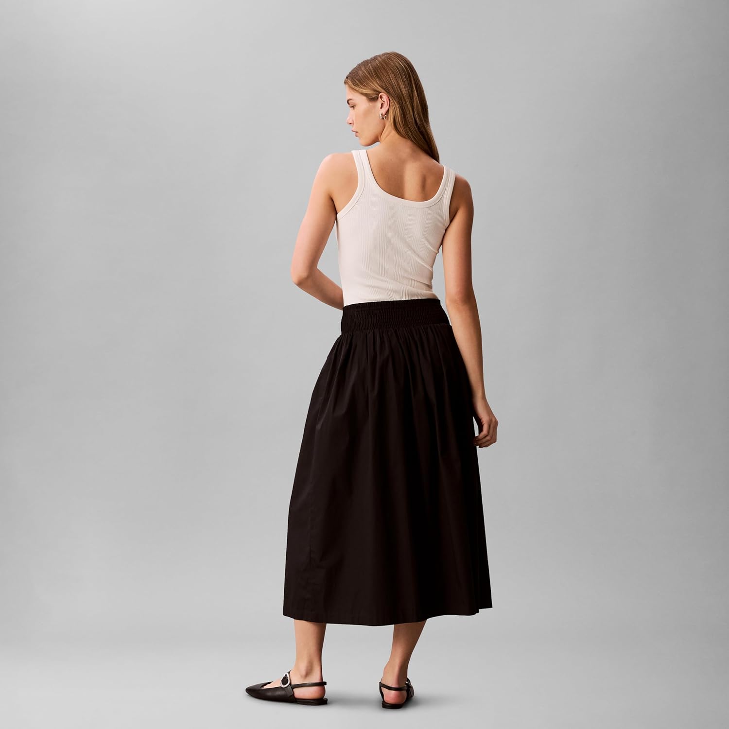 Calvin Klein Womens Cotton Poplin Smocked Waist Midi Skirt