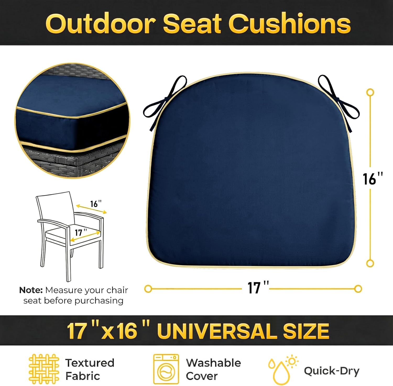 4 Pack 17×16 INCH D-Shaped Outdoor Seat Cushions - Heavy Duty Foam Patio Chair Pads for Lawn, Garden, Camping - All Weather Furniture Covers (Blue, 17 INCH × 16 INCH)