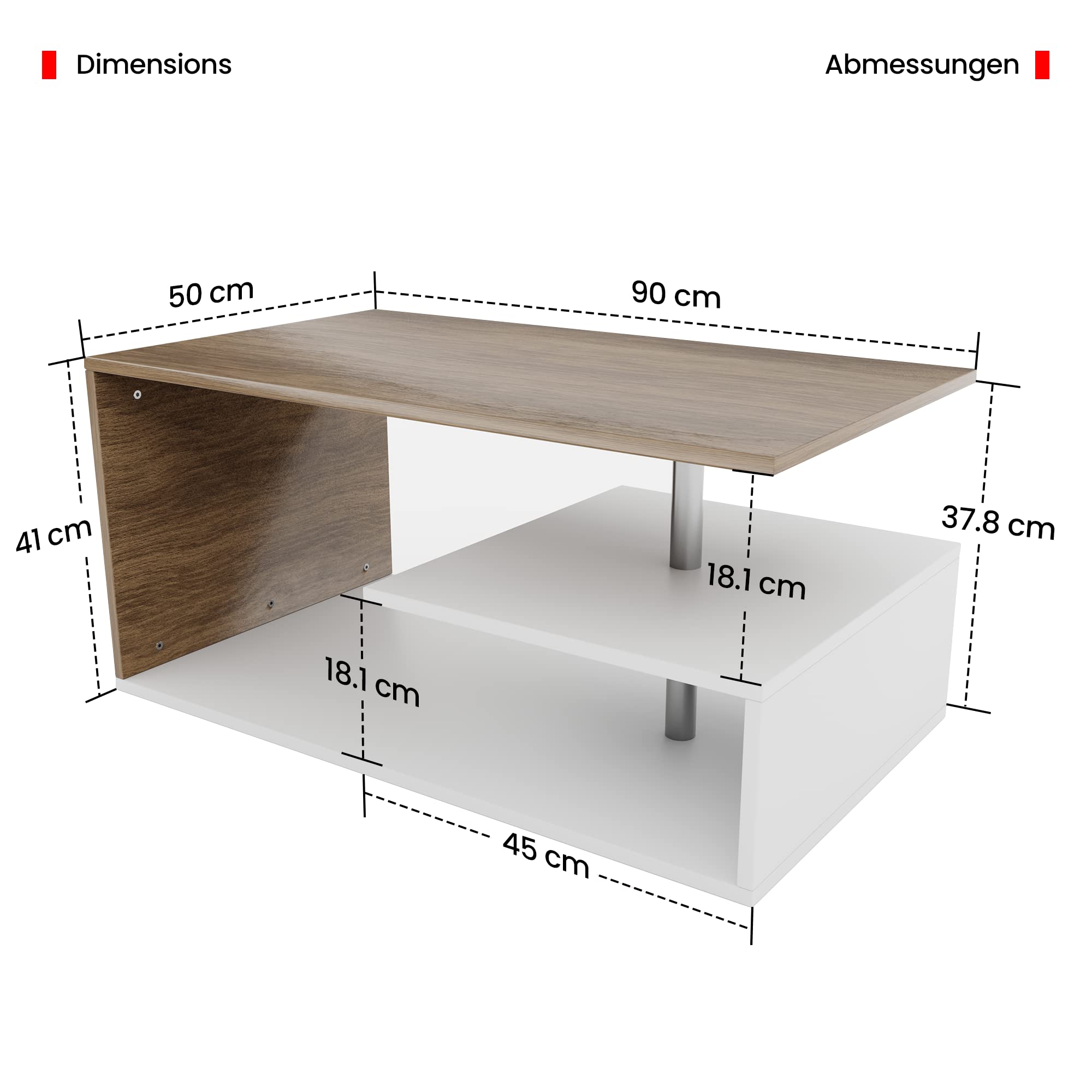 MIADOMODO® Couchtisch-90x50 cm, mit Stauraum, Modern, Eckig, Asymmetrisch, Leicht, Lang, Niedrig, Weiß mit Betonoptik/Eichenoptik/Grau - Wohnzimmertisch, Kaffeetisch (Weiß-Eicheimitat)