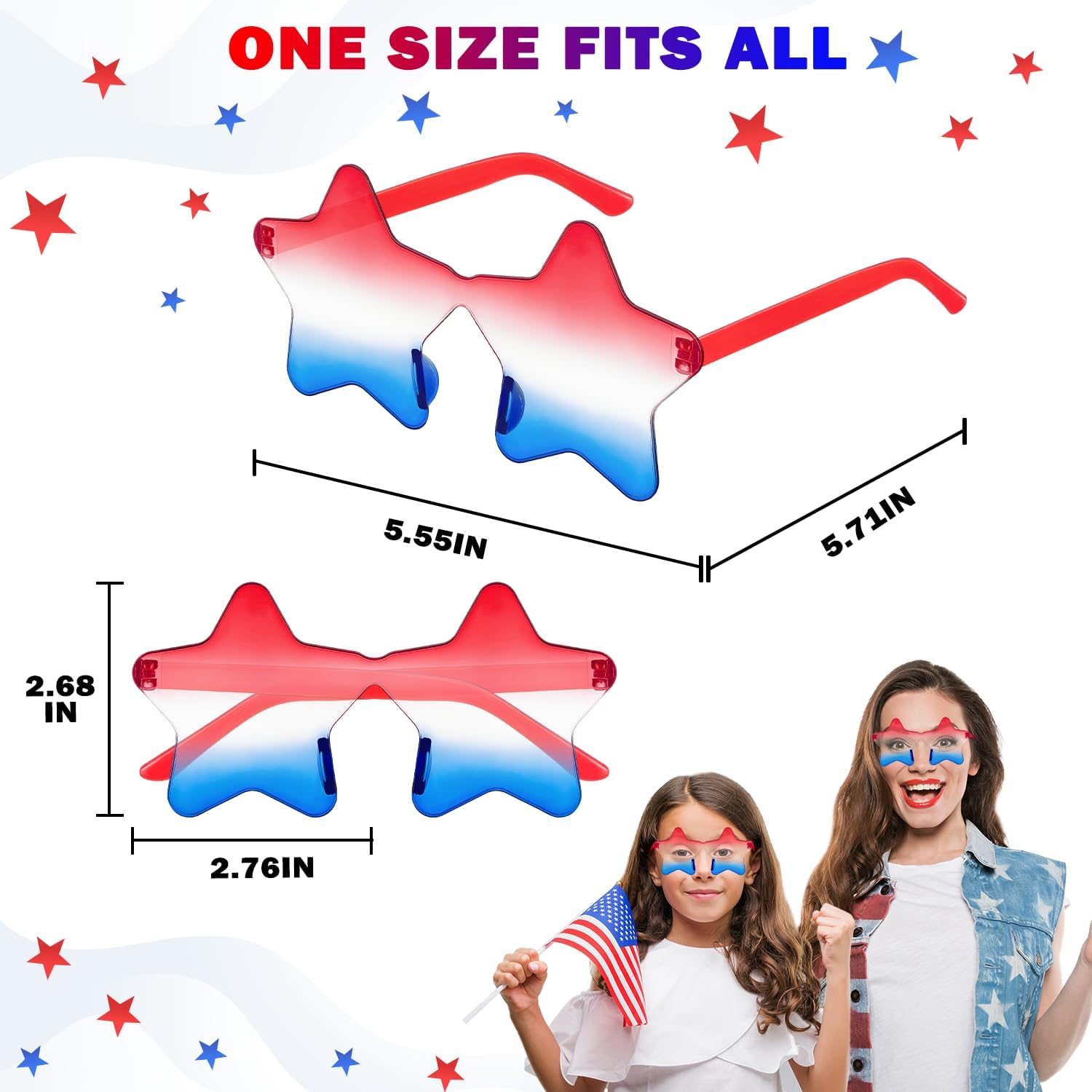 Star Glasses 3 PCS for Women Men, USA Red White Blue Rimless Star Shaped SunGlasses Accessories-One Size Fits All, Patriotic 4th of July Party Outfit for Beach Pool Birthday Party Favors Gifts