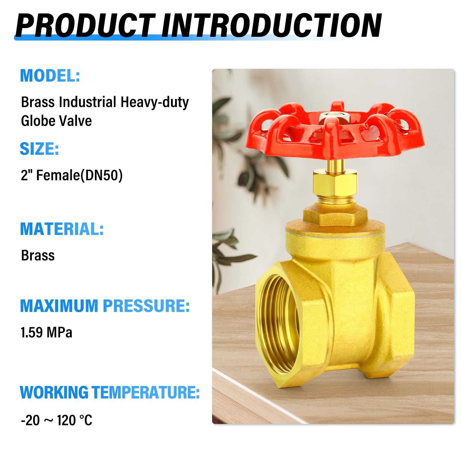 TAILONZ PNEUMATIC 1PCS Valvola industriale in ottone da 2 pollici, porta rotante per impieghi gravosi con filettatura femmina x femmina, con impugnatura a rotella, per acqua, petrolio, gas