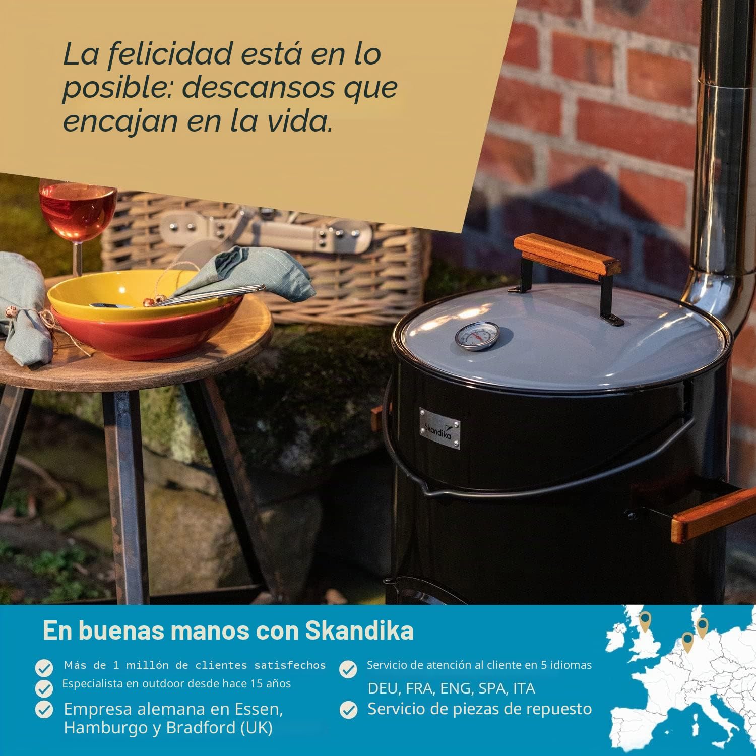 Skandika Olla/Horno Húngaro para 14 litros, termómetro en la tapa, accesorios, cucharón sopa, guante horno, pinzas y parrilla para barbacoa, asas de madera, tubo de chimenea variable