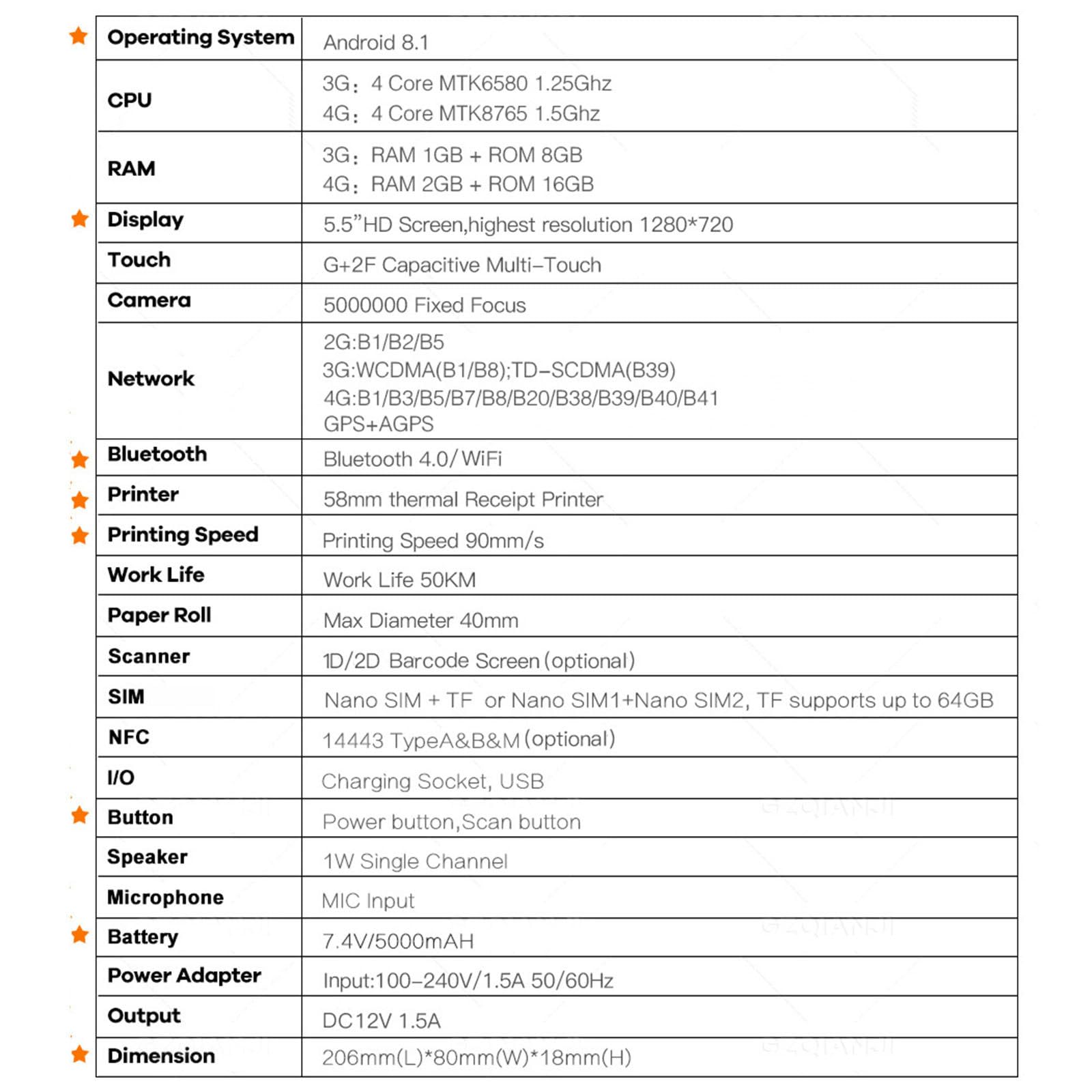 Registratore di Cassa Mobile PDA Android POS Terminale Stampante per ricevute Portatile Bluetooth WiFi 3G/4G Raccoglitore Dati Portatile all-in-One, Arancione-3G