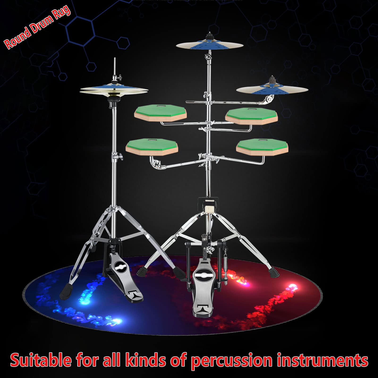 Tappeto per Batteria Tappetino per Batteria Tappetino Insonorizzato Tappeto Drum Carpet per Batterie Acustica elettroniche Rullante Snare Drum Grancassa Tappeto Rotondo Antiscivolo (120CM)