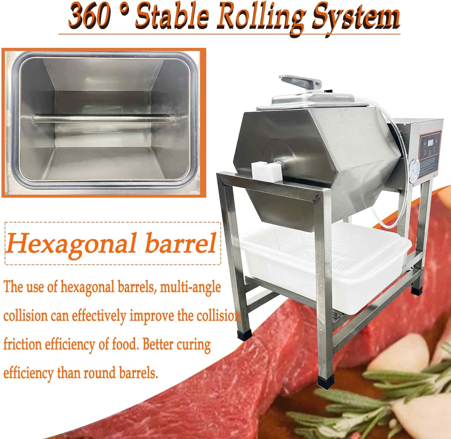 38L Commercial Vacuum Marinator Machine, 360° Rotation Meat Tumbler Marinator with Automatic Timer, Stainless Steel Hexagonal Barrel, for Meat, Vegetables 110V