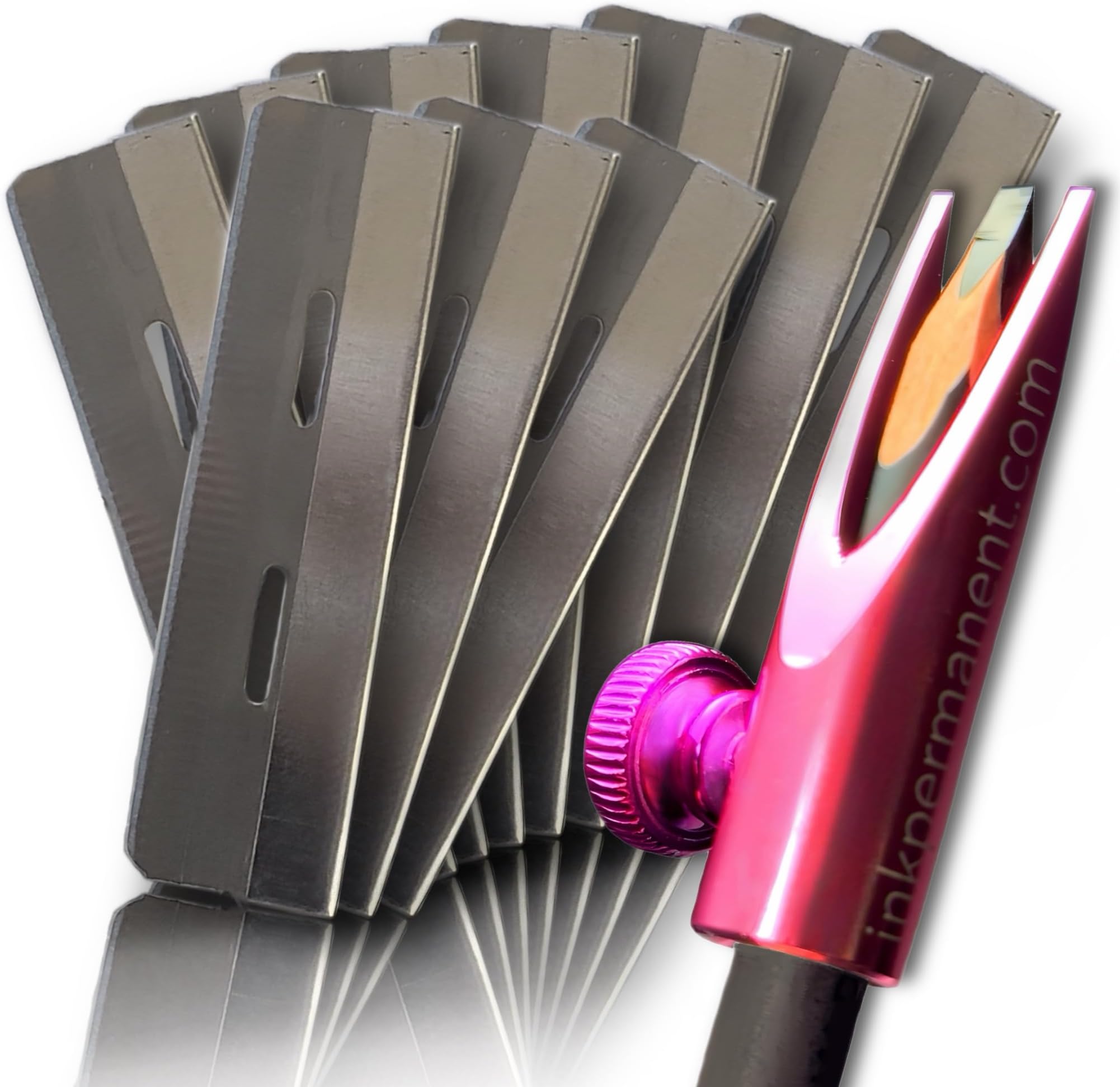 Metal Eyebrow Pencil Shaper and Mapping Sharpener, Shaping Tool for Waterproof Peel-Off Brow Pencils with 10 Razors Duckbill Sharpener, Eyebrow Mapping Kit (Pink)