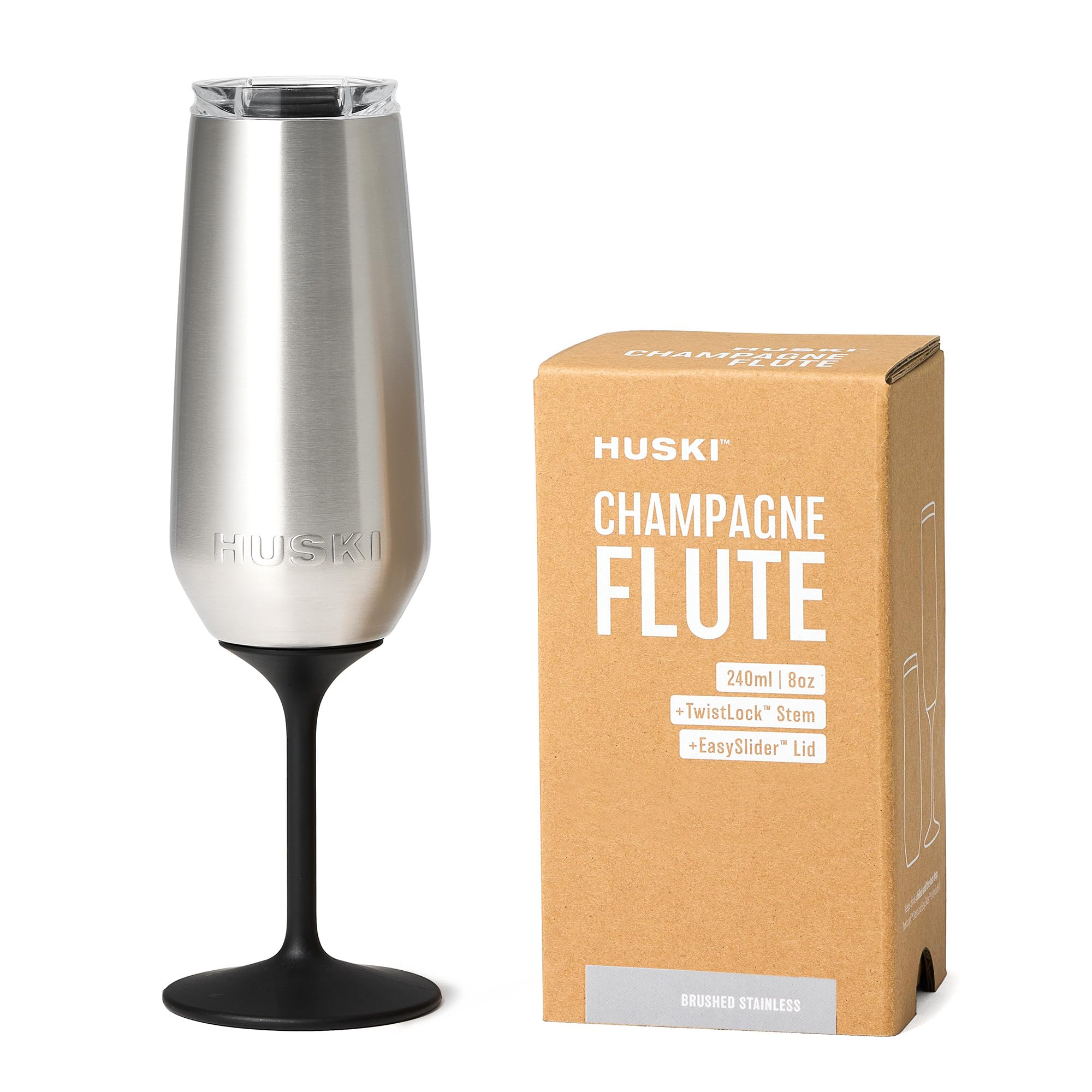 Huski Champagne Flute | NEW | Premium Stainless Steel Champagne Glass with Lid | Go Stemmed or Stemless with Detachable Stem | Triple Insulated Tumbler | 8oz Capacity | Great Gift (Brushed Stainless)