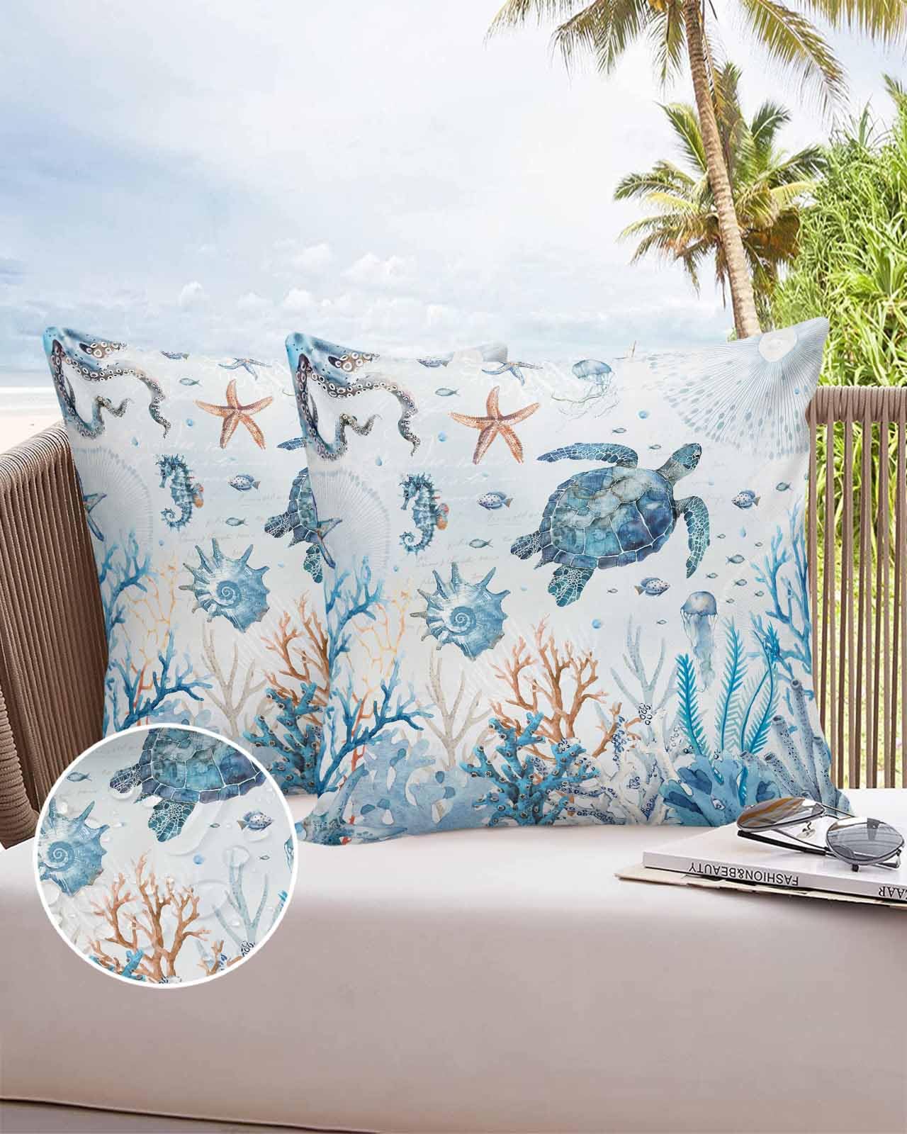 Boanket Outdoor Pillow Covers 24 x 24 in, Blue Coastal Waterproof Throw Pillow Cover Set of 2, Summer Beach Nautical Coral Sea Turtle Home Decorative Square Cushion Covers for Patio/Tent/Couch/Garden