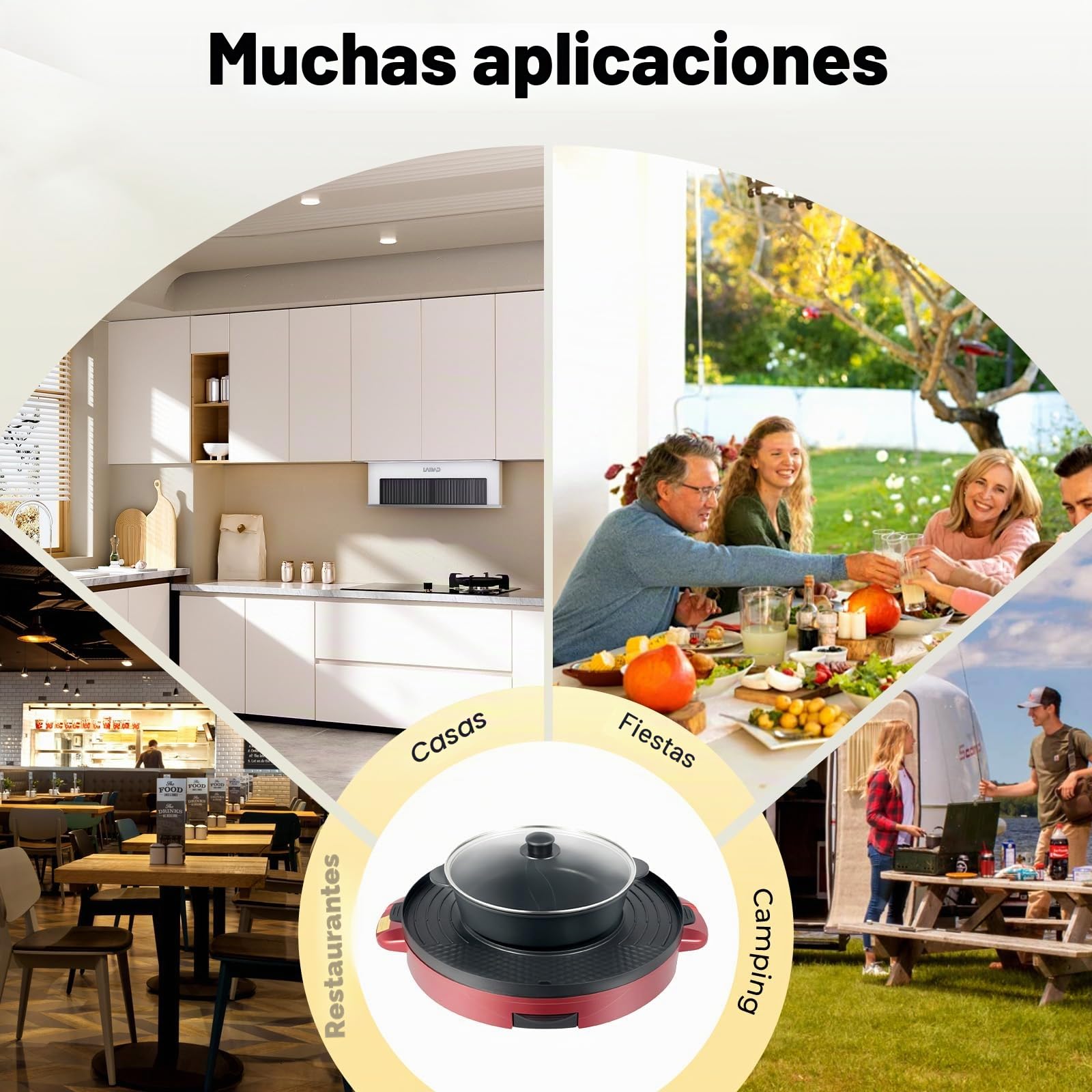 Cacerola eléctrica de 2200 W, multifunción, 2 lados, antiadherente, barbacoa de mesa, sartén dividida 2 en 1, para 2 a 8 personas, color rojo