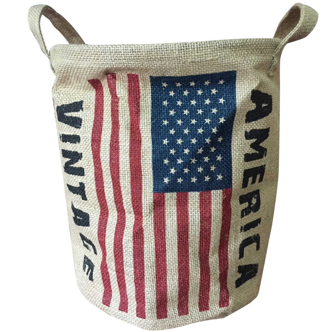 NewFerU Burlap Woven Storage Basket Collapsible Vintage, Round Jute Food Toy Bucket Organizer with Handles, Small Linen Patriotic Decor Bin for Shelf Table Desk Top, 9.5" D. X 12" H (America Flag)