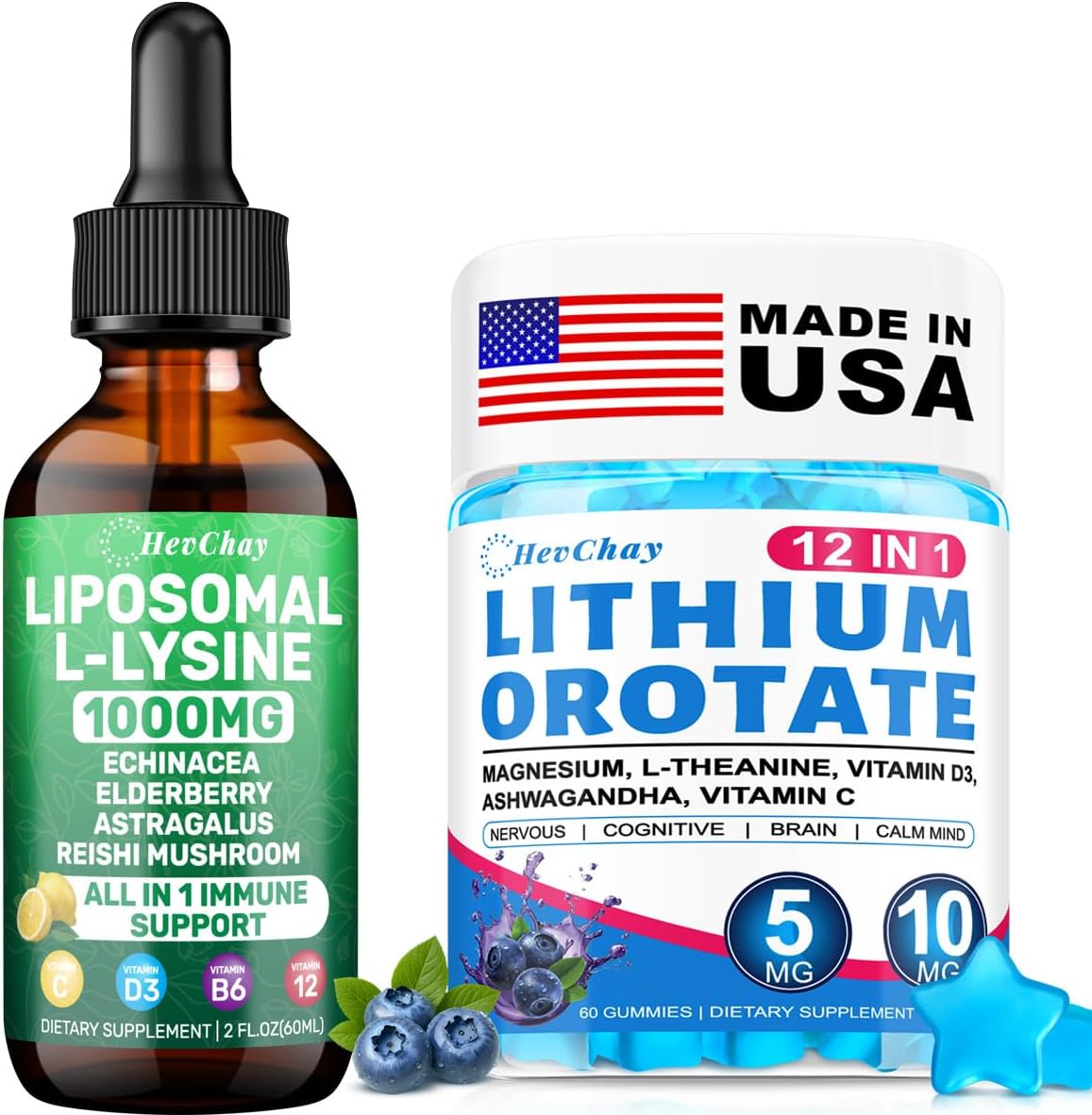 Liposomal L-Lysine Liquid + Lithium Orotate Gummies Bundle | Immune Support & Cognitive Health Supplement Combo for Adults & Kids